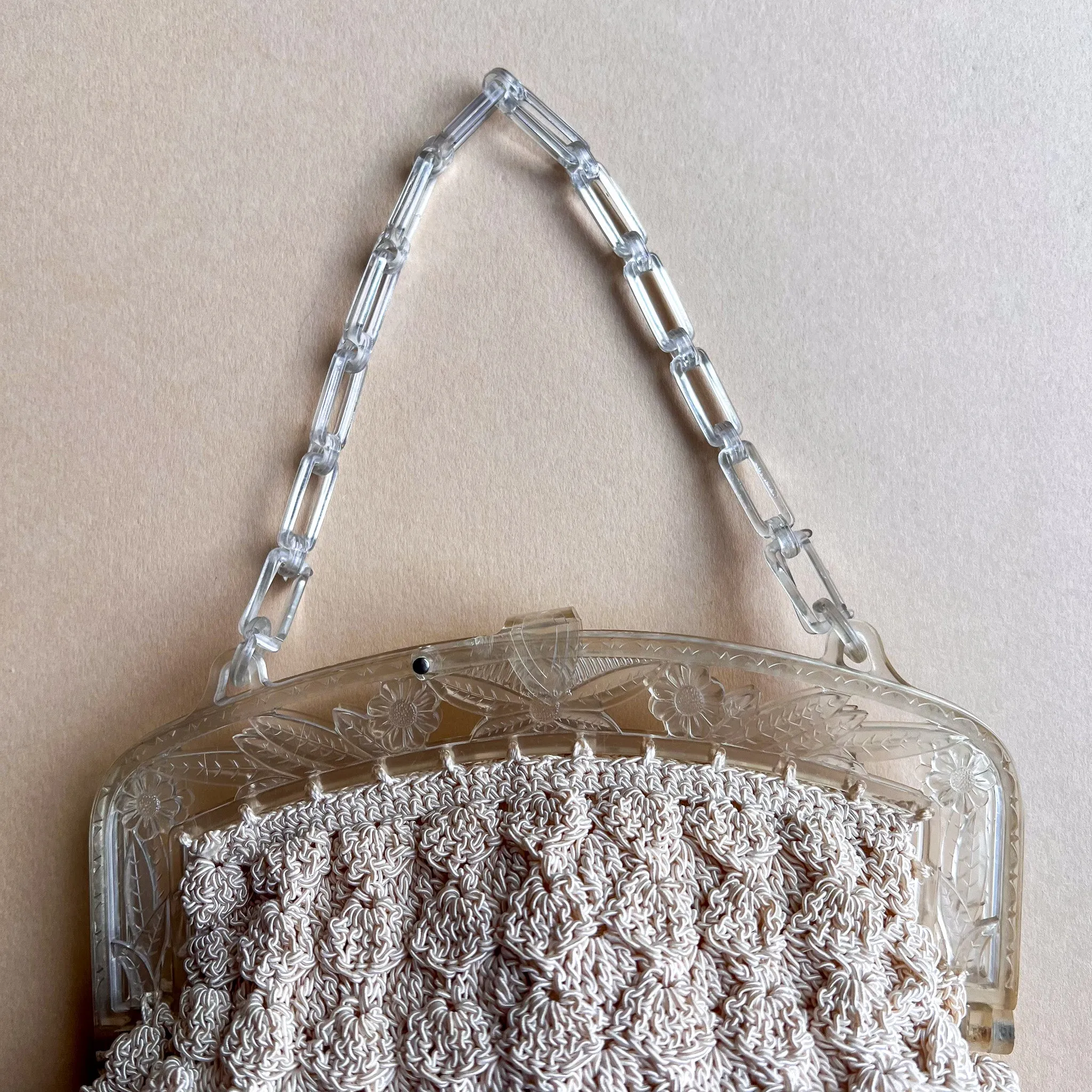 1940s Cream Crochet Handbag With Lucite Handle