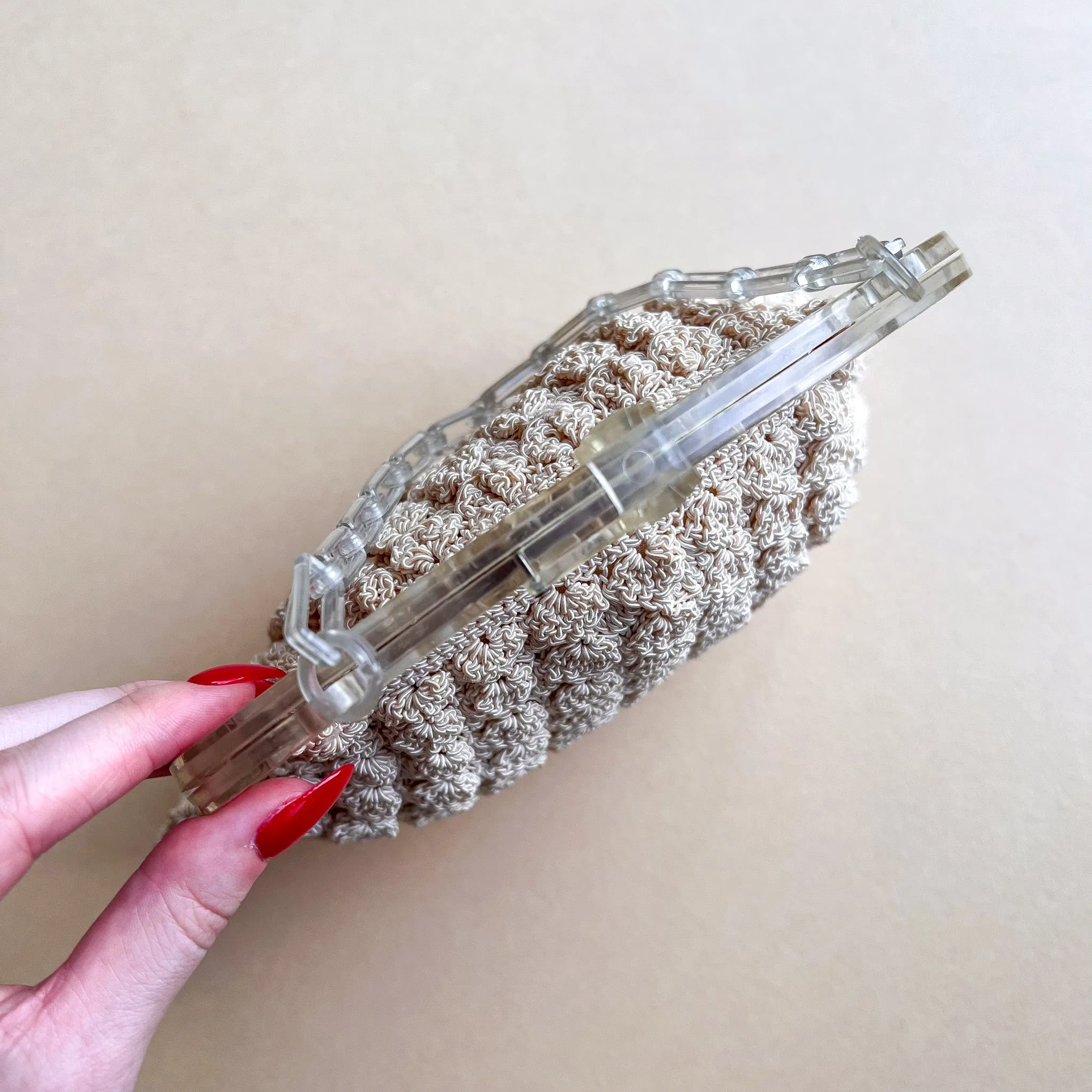 1940s Cream Crochet Handbag With Lucite Handle