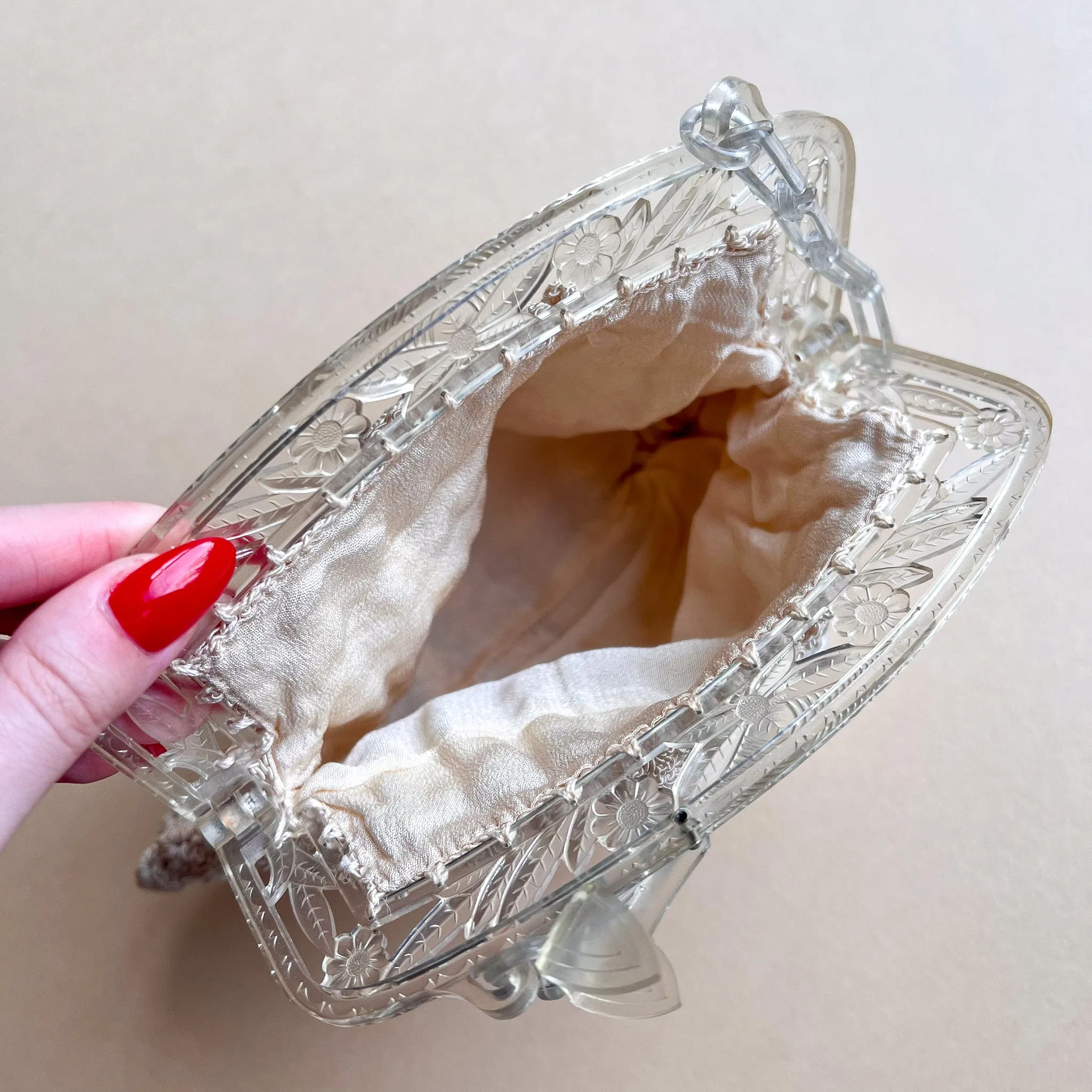 1940s Cream Crochet Handbag With Lucite Handle