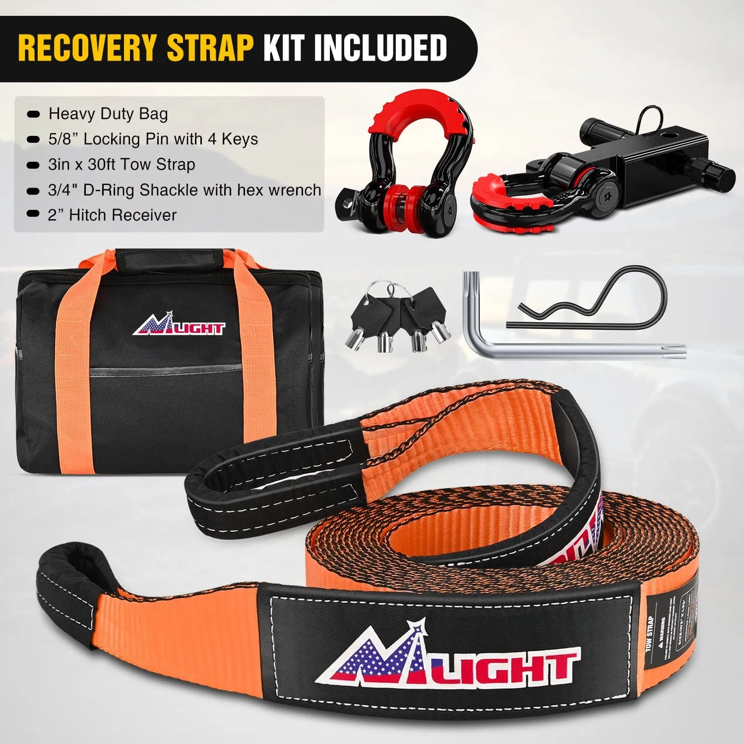 3 x 30Inch Recovery Tow Strap with Anti-Theft D-Ring Shackles