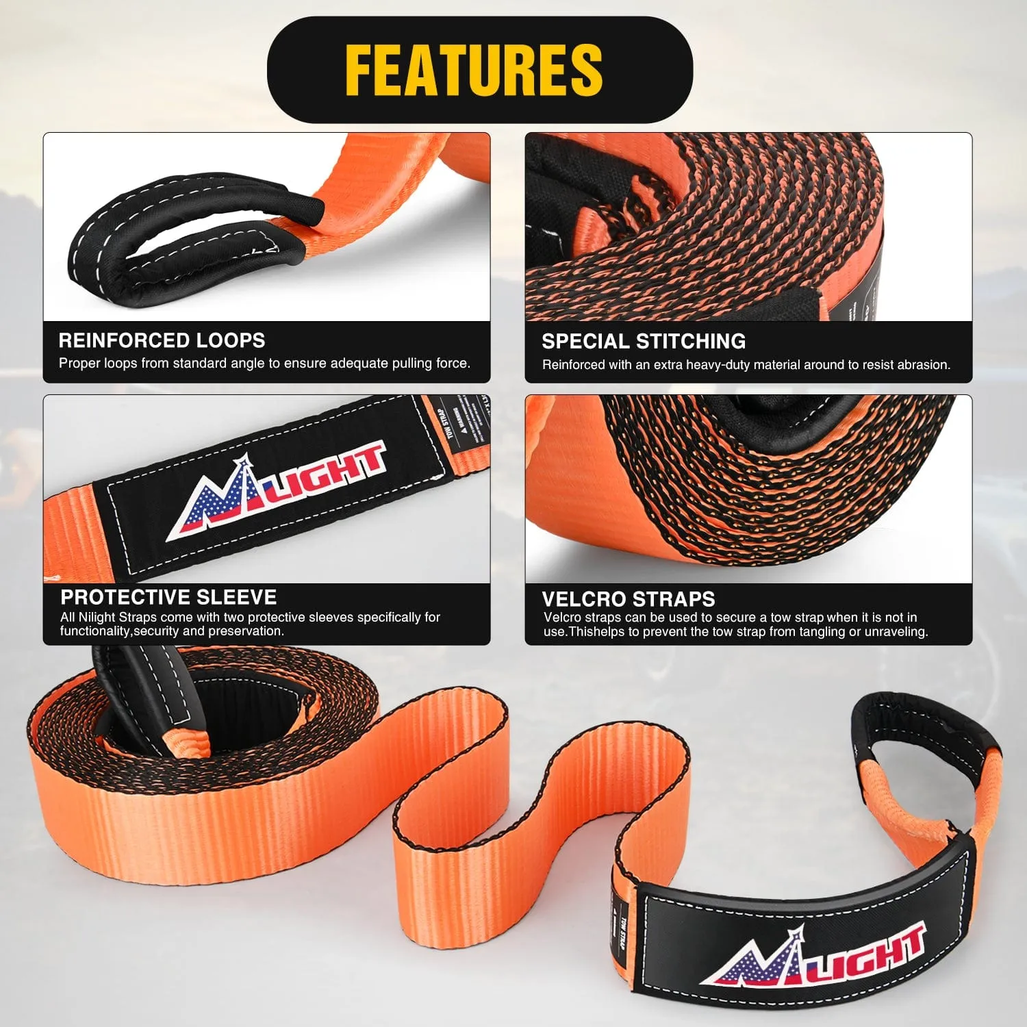 3 x 30Inch Recovery Tow Strap with Anti-Theft D-Ring Shackles