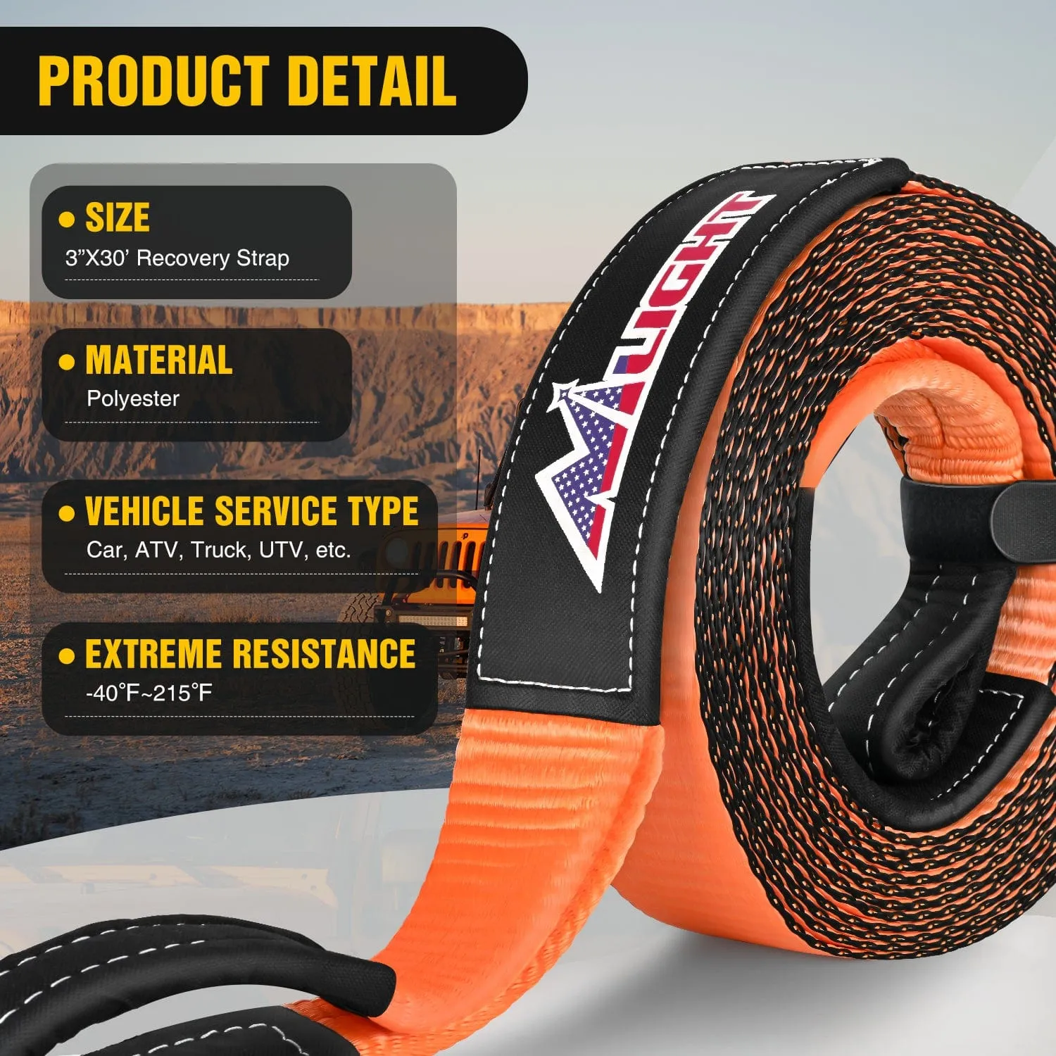 3 x 30Inch Recovery Tow Strap with Anti-Theft D-Ring Shackles