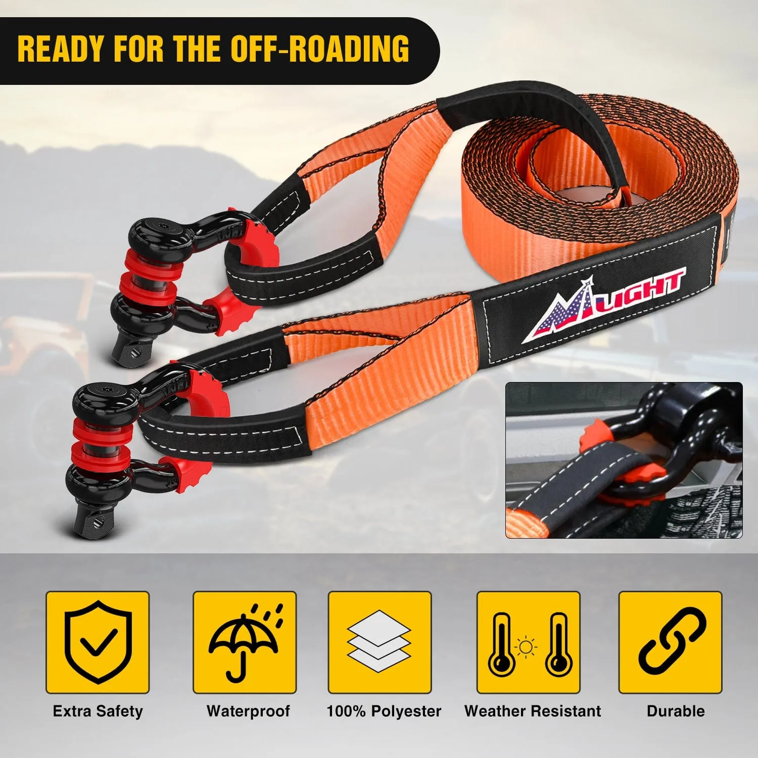 3 x 30Inch Recovery Tow Strap with Anti-Theft D-Ring Shackles