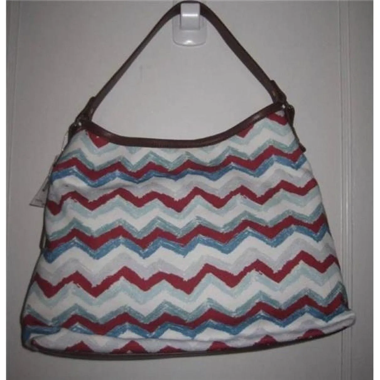 AMAZING, Missoni, NWT, red/white/blue chevron print canvas and tan leather shoulder bag