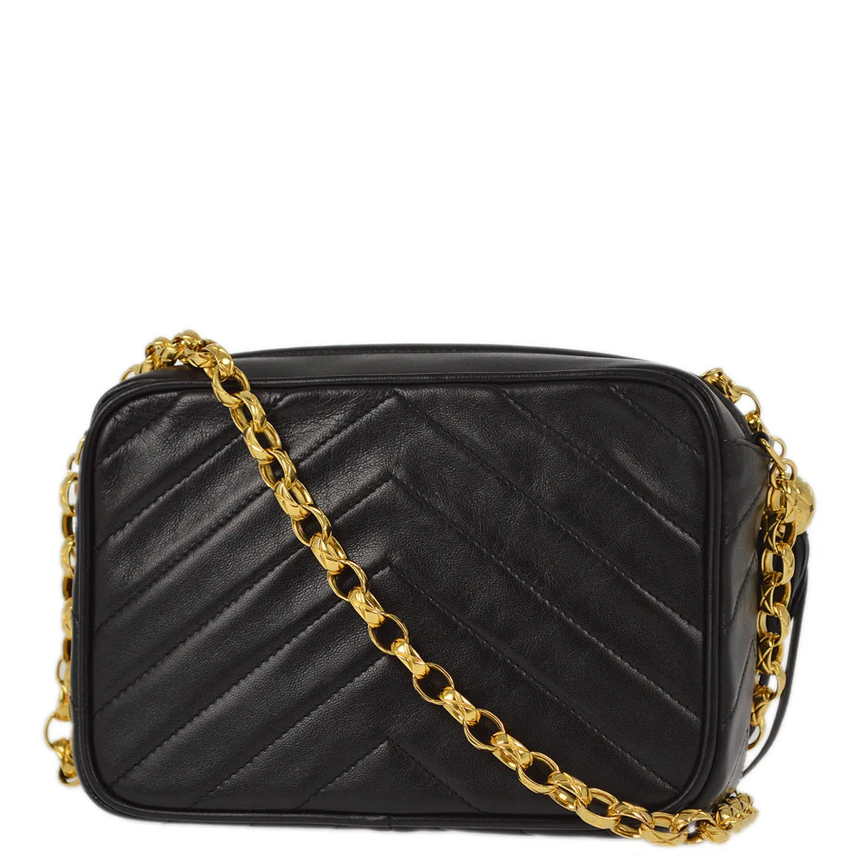Chanel 1991-1994 Black Lambskin Chevron Camera Bag Mini
