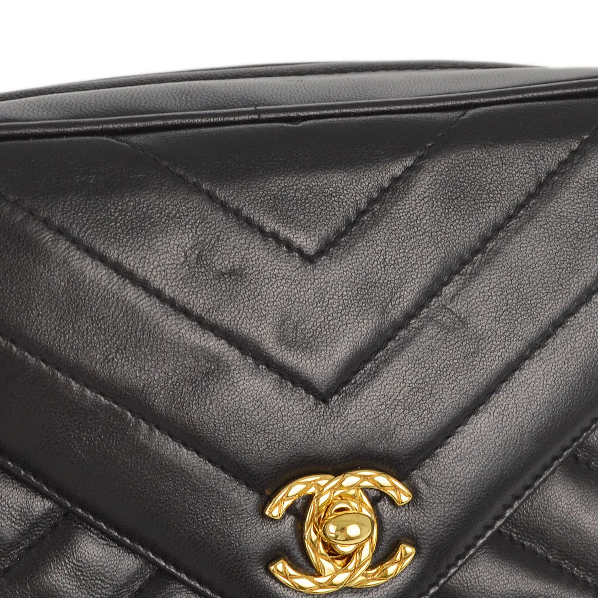 Chanel 1991-1994 Black Lambskin Chevron Camera Bag Mini