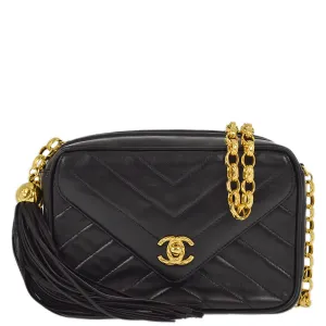 Chanel 1991-1994 Black Lambskin Chevron Camera Bag Mini