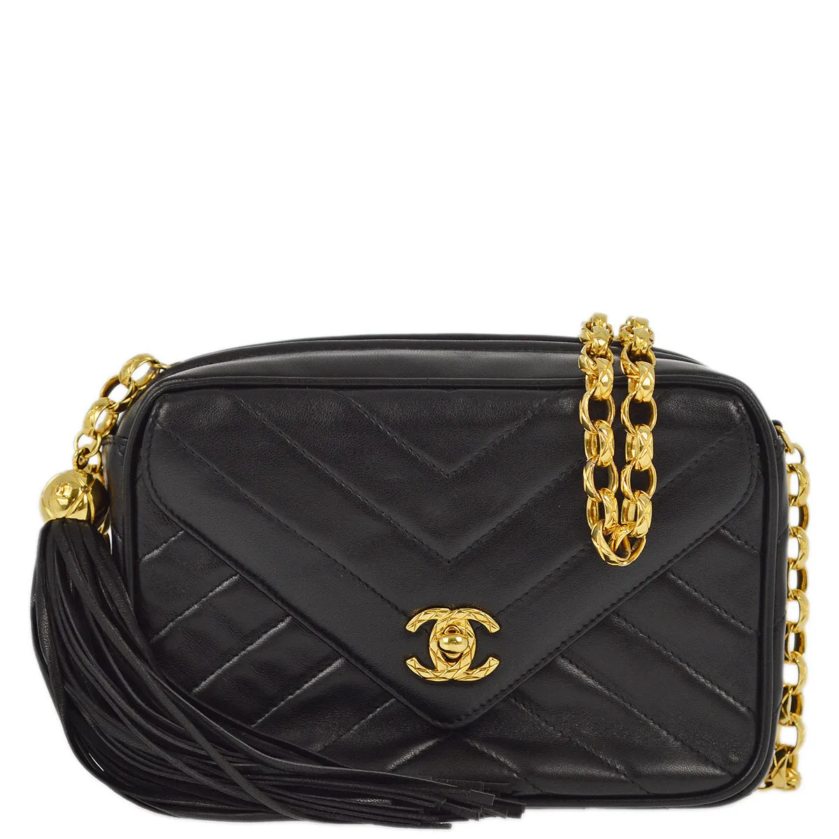 Chanel 1991-1994 Black Lambskin Chevron Camera Bag Mini