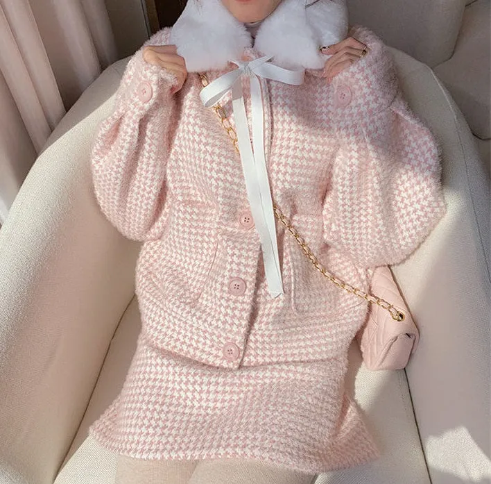 Classic Tweed Plush Collar Pink White Plaid Coat Jacket Skirt Two Piece Set