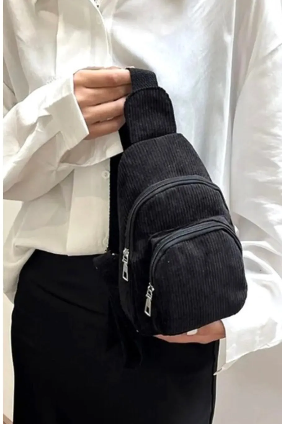 CORDUROY DOUBLE POCKET CROSSBODY SLING BAG