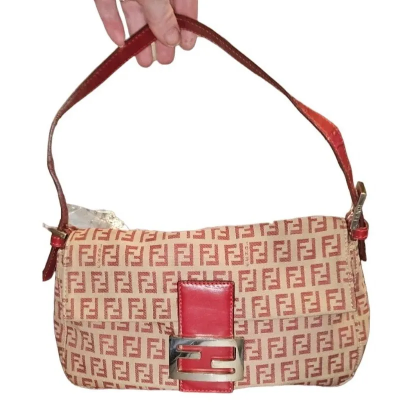 Fend red Zucchino print baguette bag w chrome FF clasp
