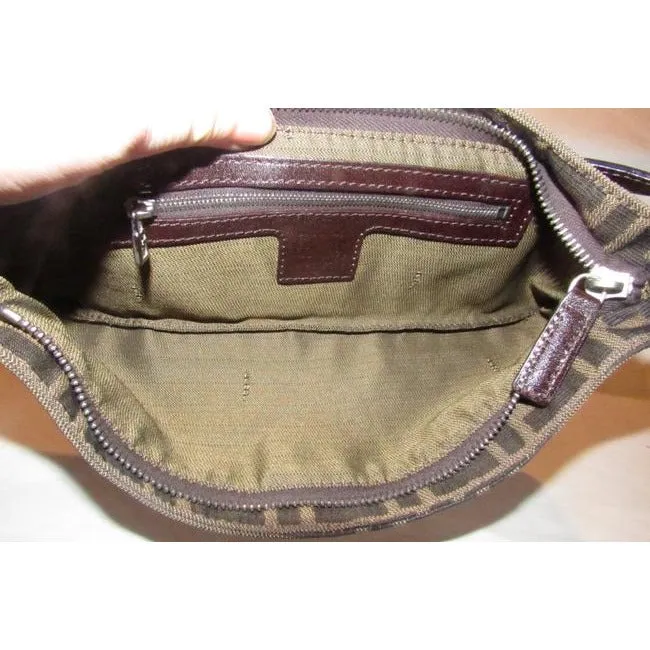 Fendi Baguette Style Shouldercross Body Purse Zucco Print In Browns Canvas And Leather Shoulder Bag