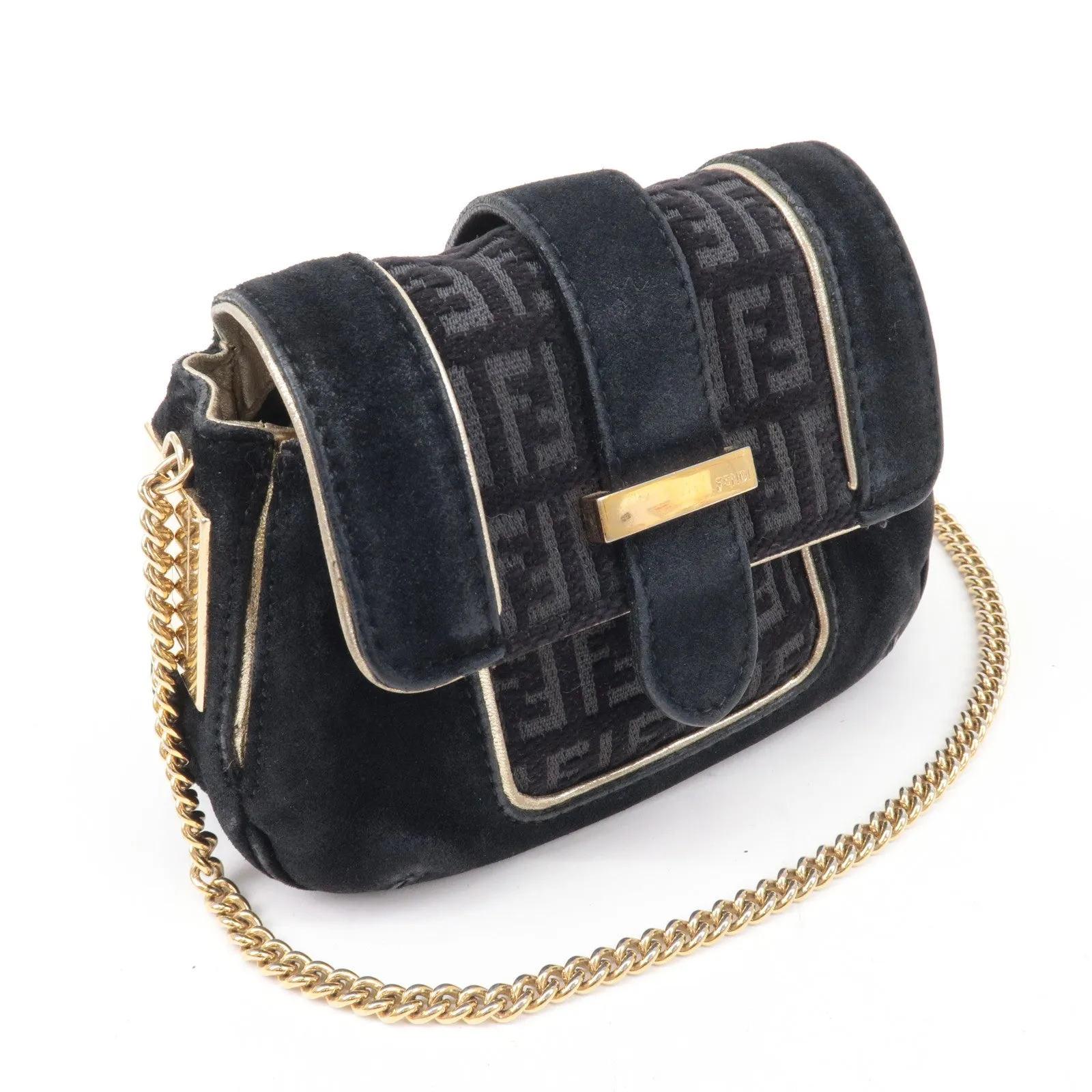FENDI Zucchino Suede Canvas Chain Shoulder Bag Black 8BT078