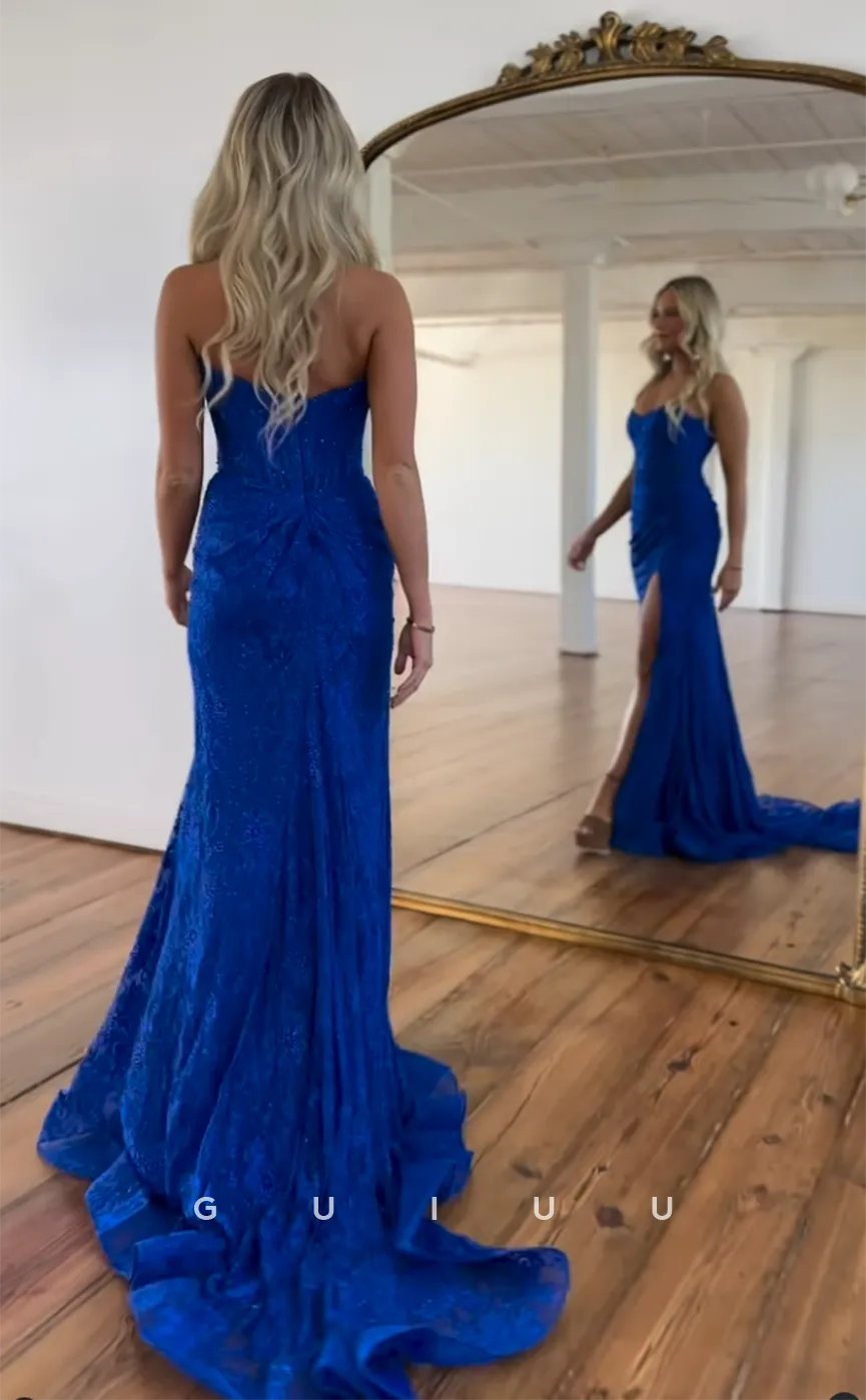 G4399 - Sexy & Hot Column/Mermaid Illusion Allover Applique Shiny Sweep Prom Party Dress with Slit