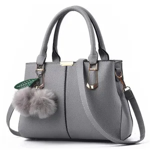 Grey Tote Grab Handbag With Faux Fur Charm