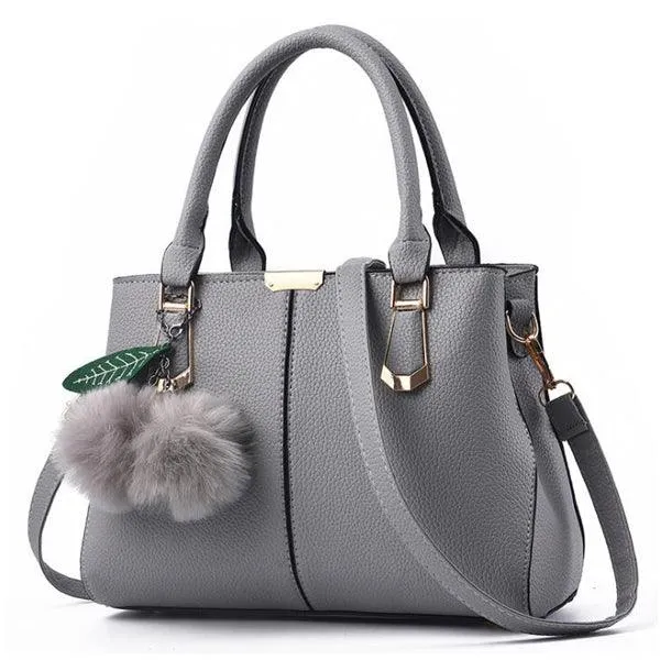 Grey Tote Grab Handbag With Faux Fur Charm