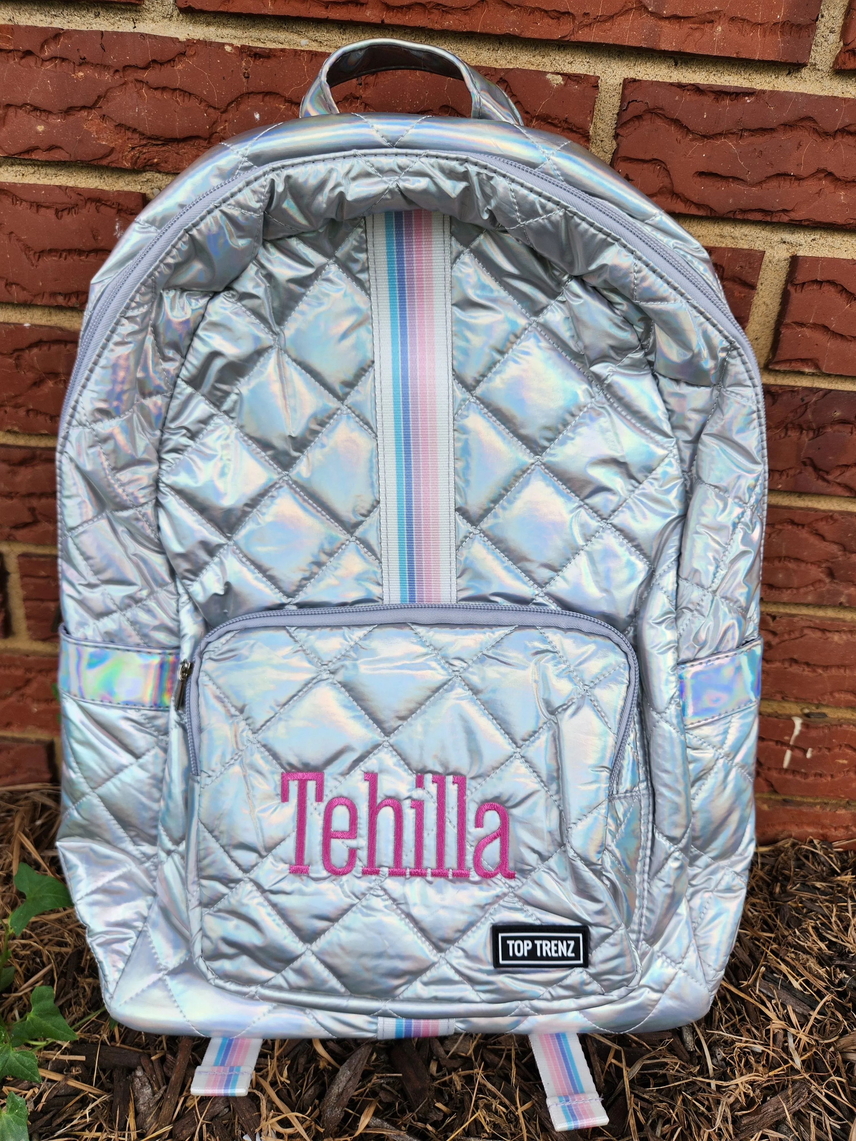 Iridescent diamond stich backpack with sunrise straps