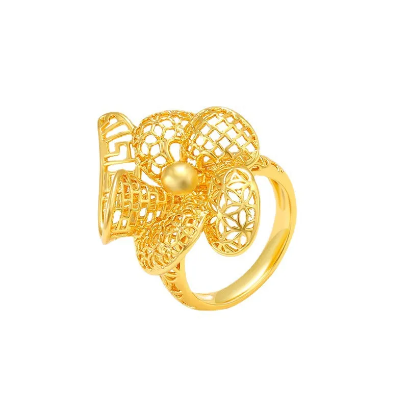 Jewelry Exquisite Pattern Golden Flower Ring Women's Fashion Retro High-end Wedding Bride Wedding Ring