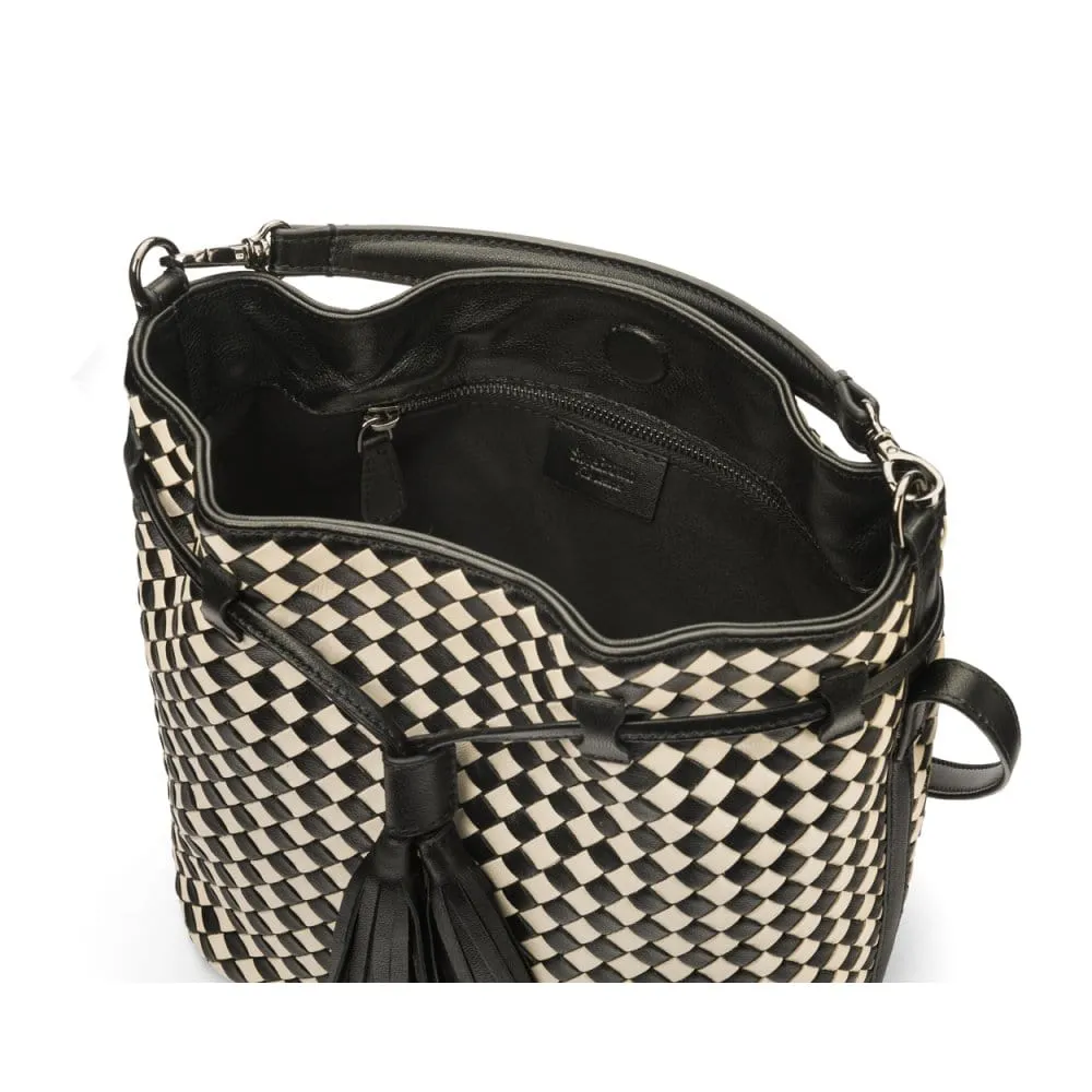 Kelly Woven Leather Bucket Bag - Black And Ecru