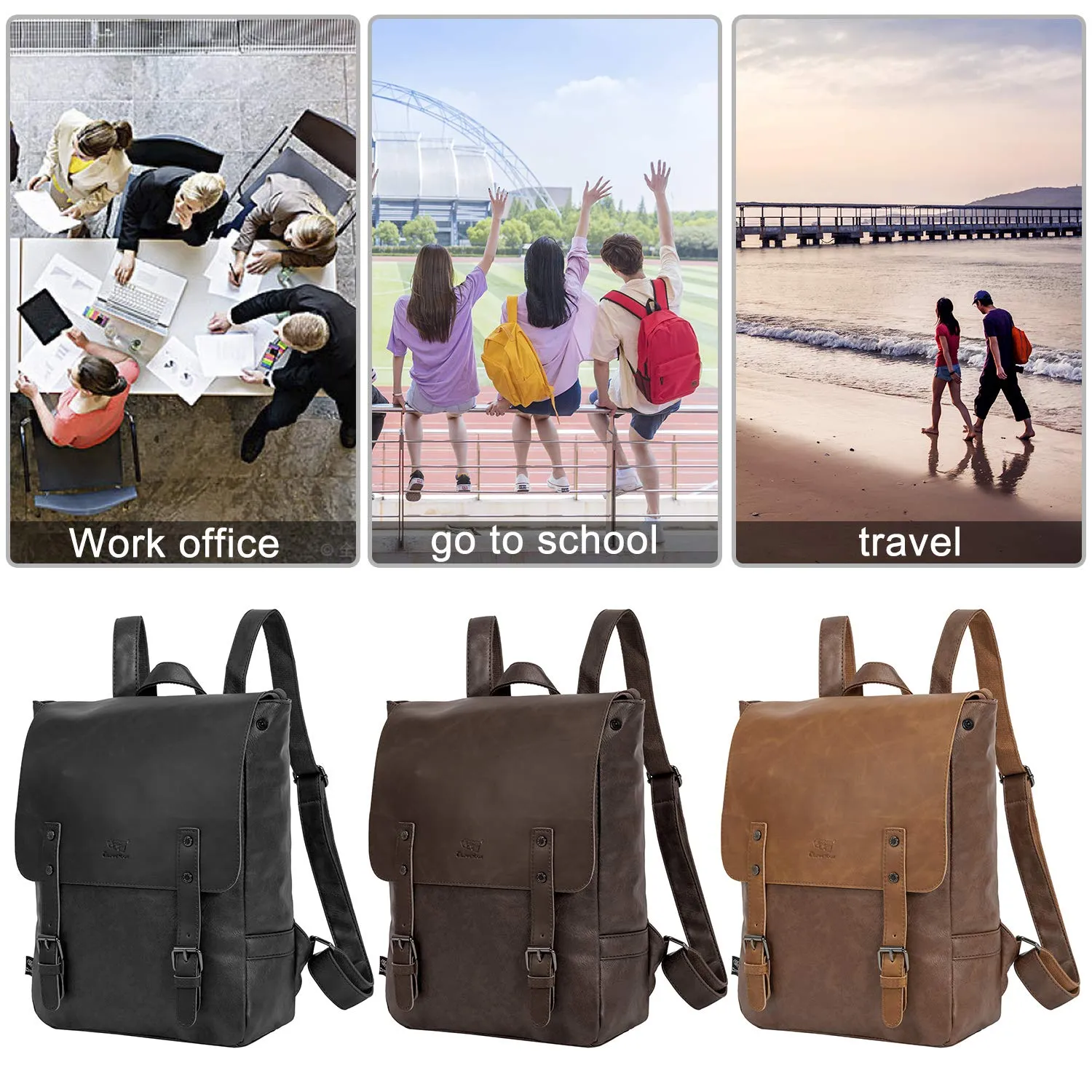 Leather Backpack for Women Men College Laptop Backpack Vintage Backpack Black
