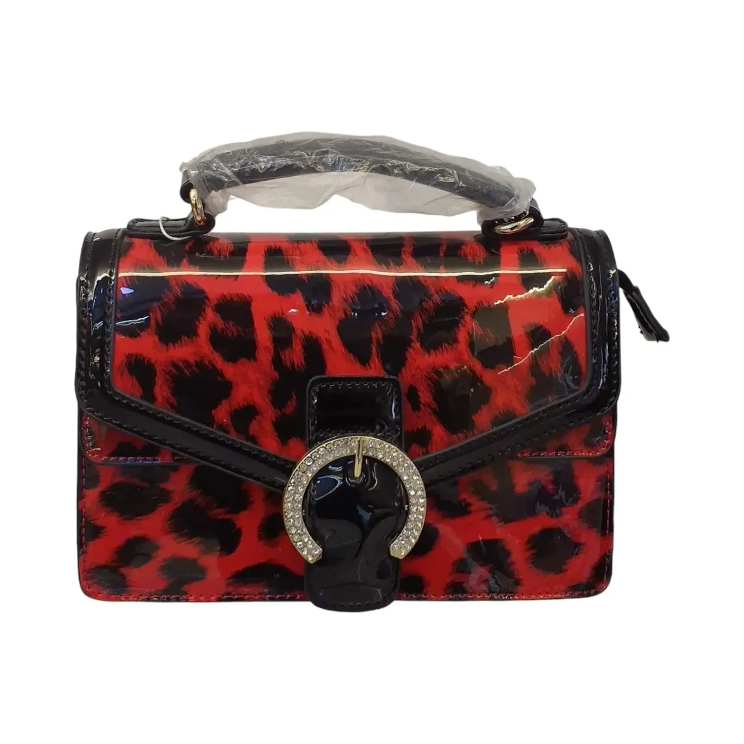 Leopard Print Patent Handbag with circle buckled