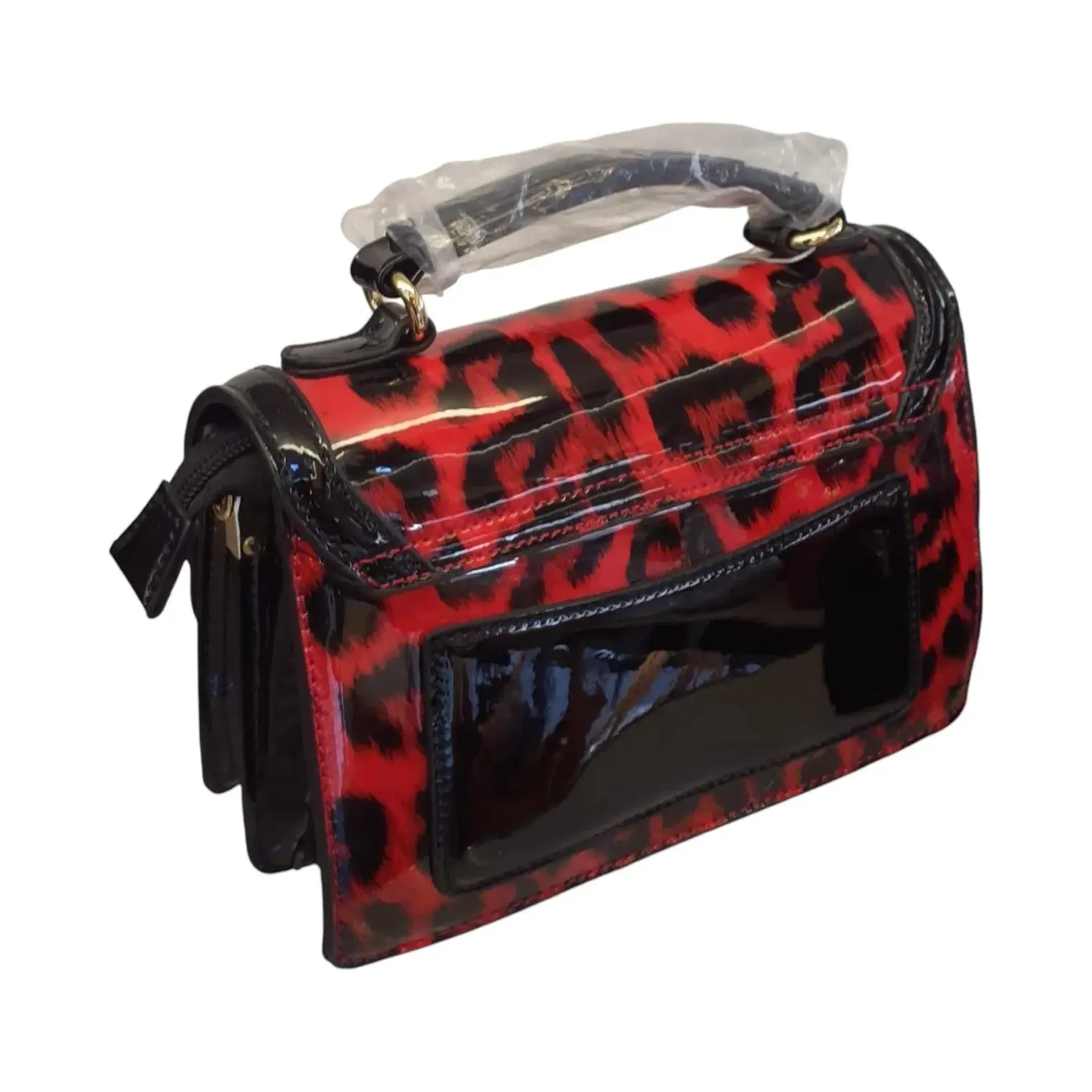Leopard Print Patent Handbag with circle buckled