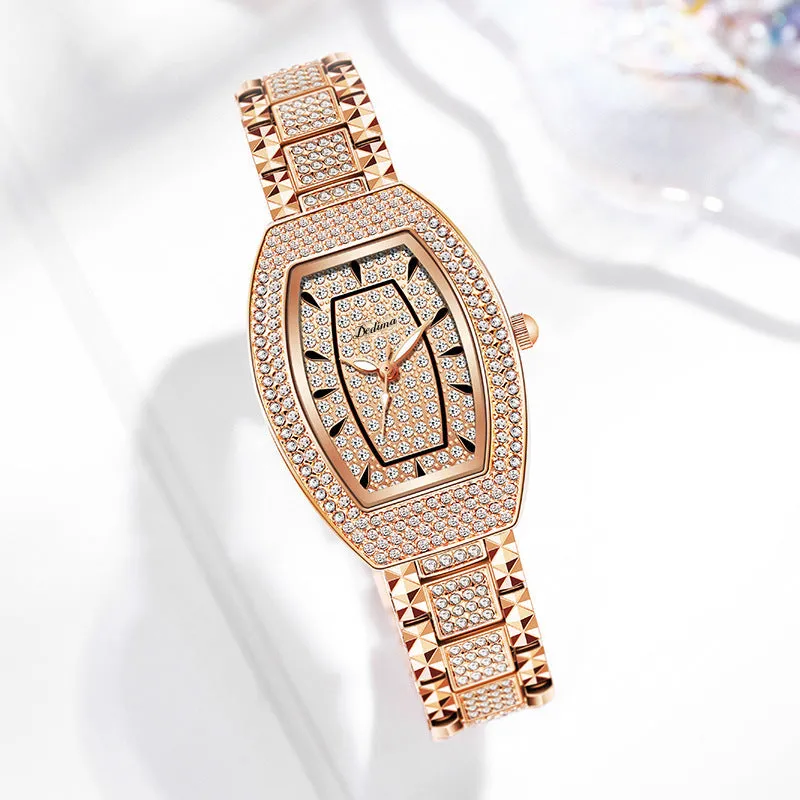 Luxury Rose Gold Women Watches Wine Barrel Rhinestone Elegant Top Brand GEDI Party Business Casual Quartz Wristwatch for Lady