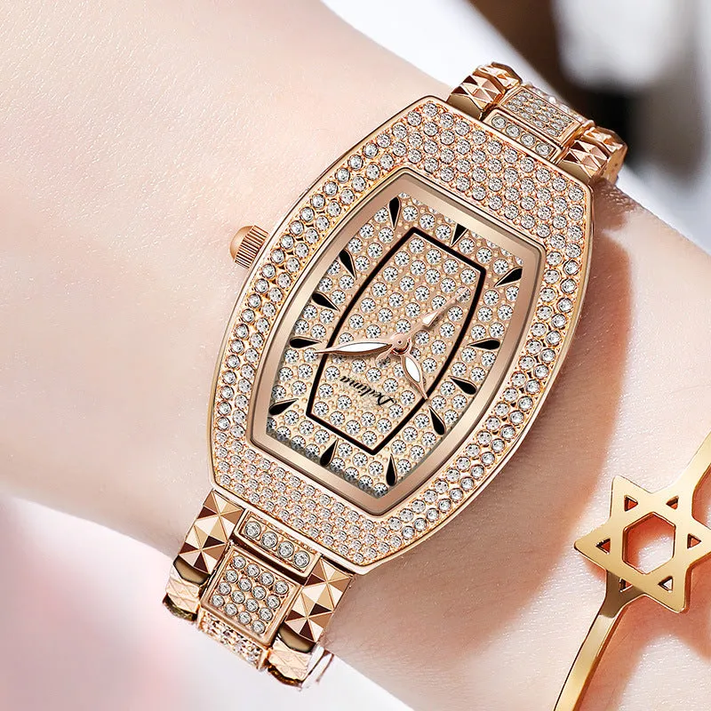 Luxury Rose Gold Women Watches Wine Barrel Rhinestone Elegant Top Brand GEDI Party Business Casual Quartz Wristwatch for Lady