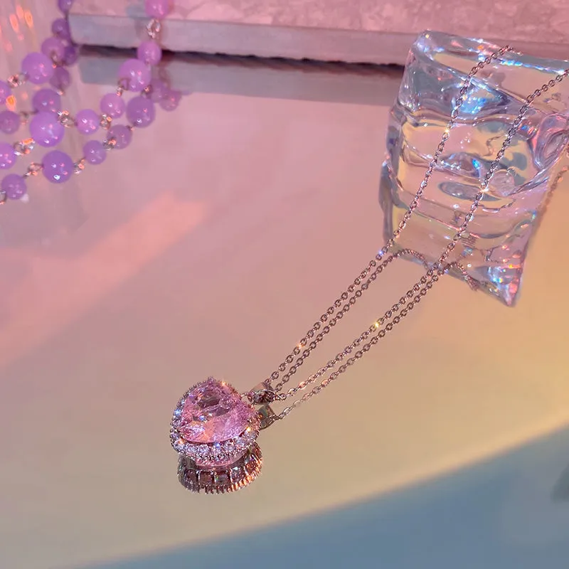 Luxury Sweet Icy Girl Pearl Diamond Heart Pendant Necklace