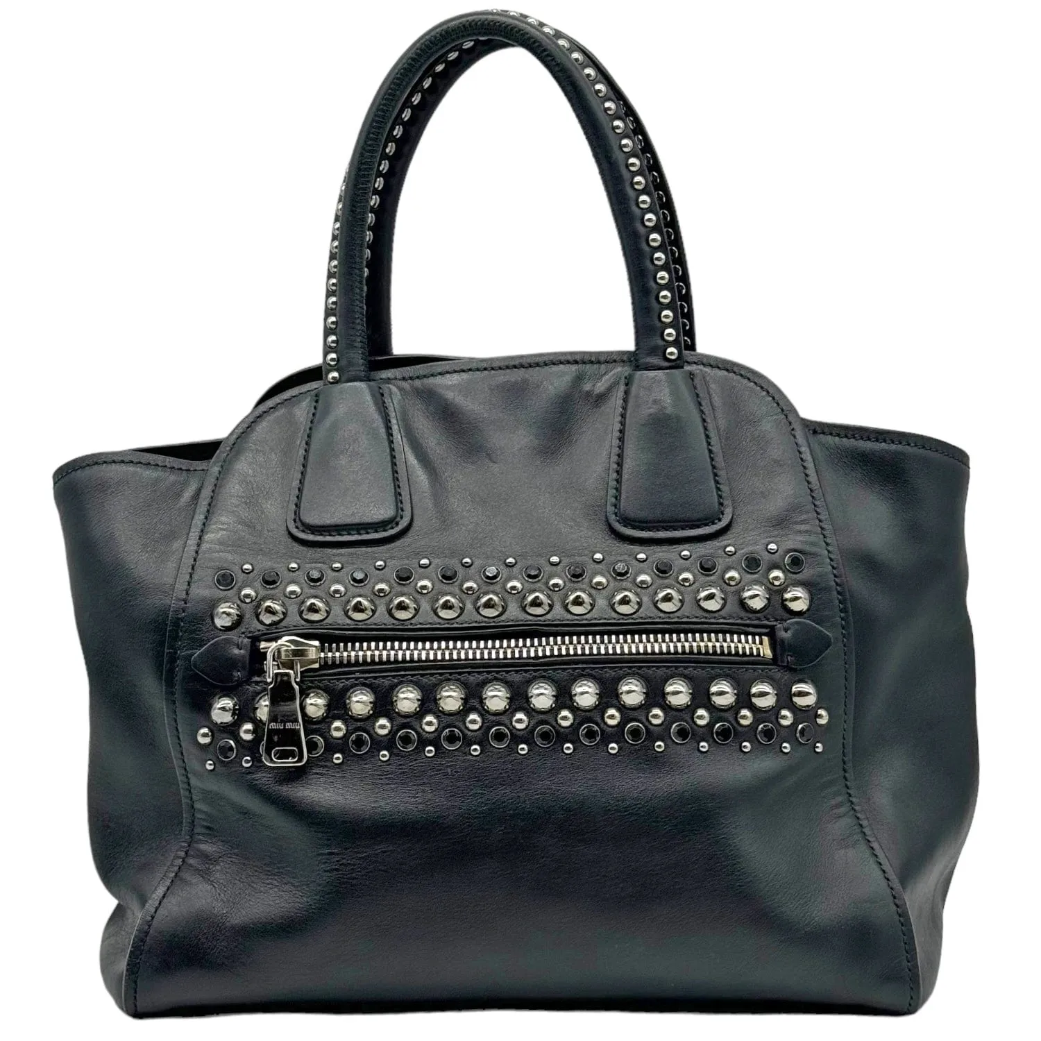MIU MIU Stud & Crystal Embellished Leather Satchel - Black