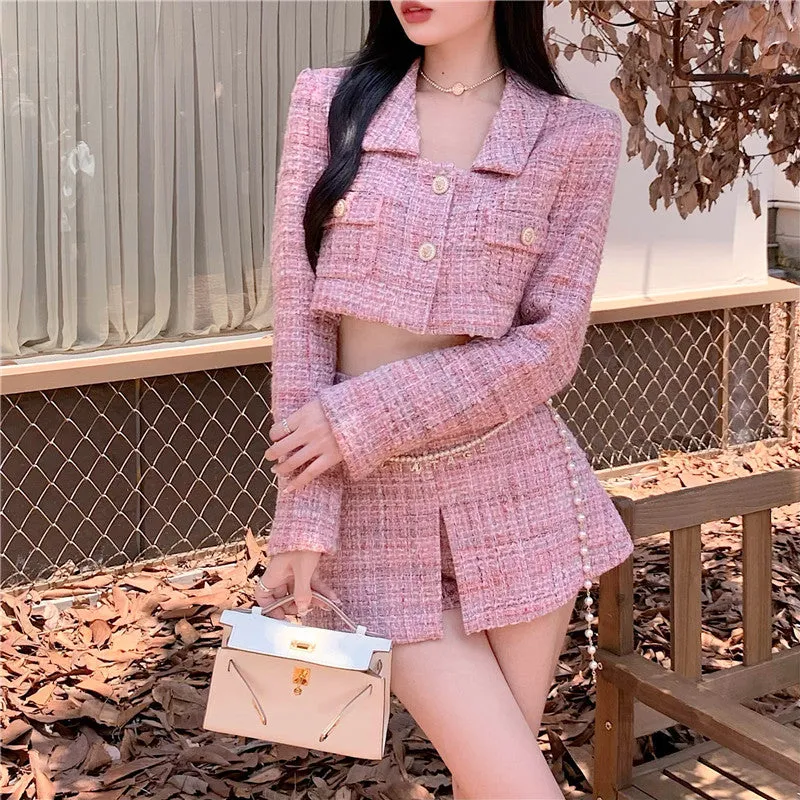 Pearl Belt Elegant Classic Pink Jacket Skirt Two Piece Set