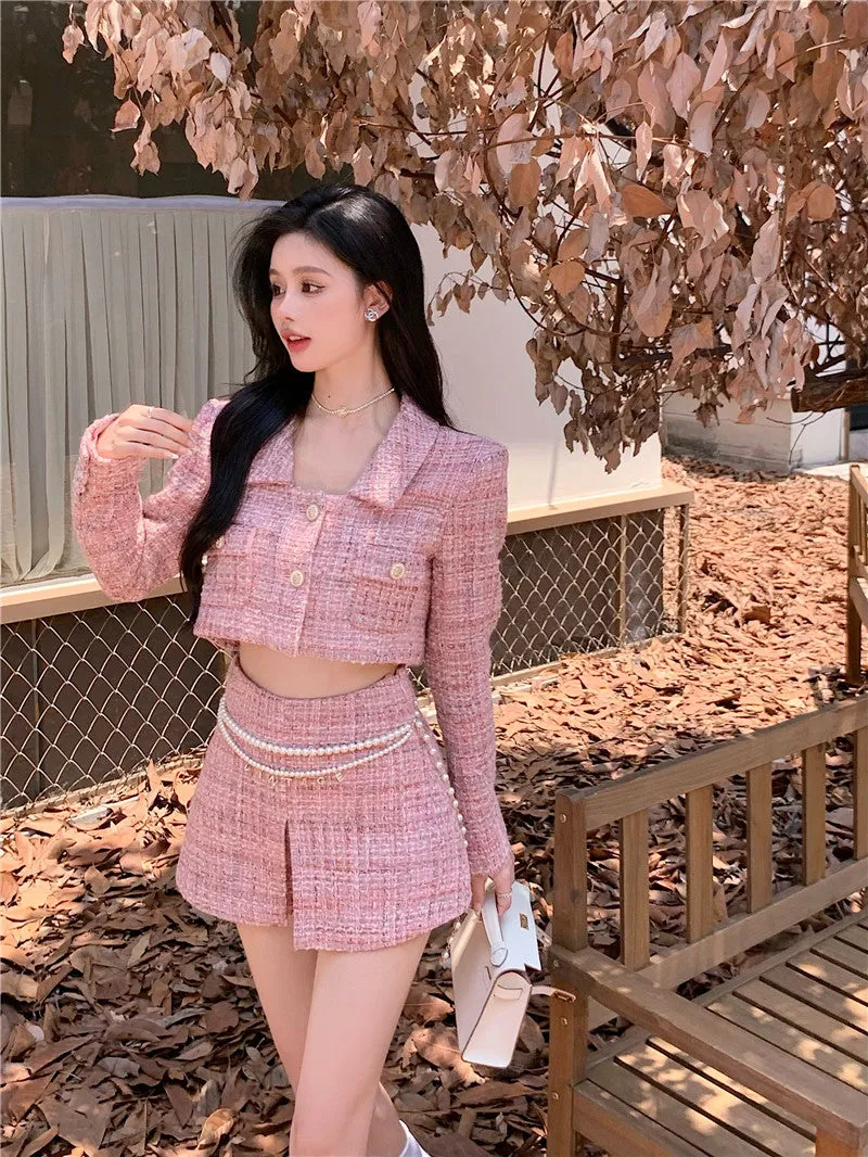 Pearl Belt Elegant Classic Pink Jacket Skirt Two Piece Set