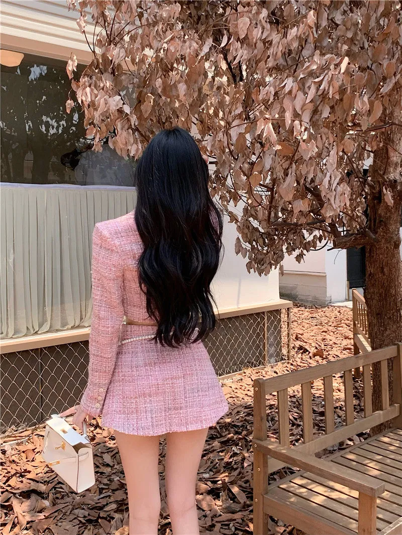 Pearl Belt Elegant Classic Pink Jacket Skirt Two Piece Set