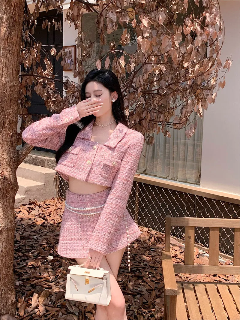 Pearl Belt Elegant Classic Pink Jacket Skirt Two Piece Set