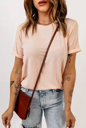 Pink Solid Color Crew Neck Tee