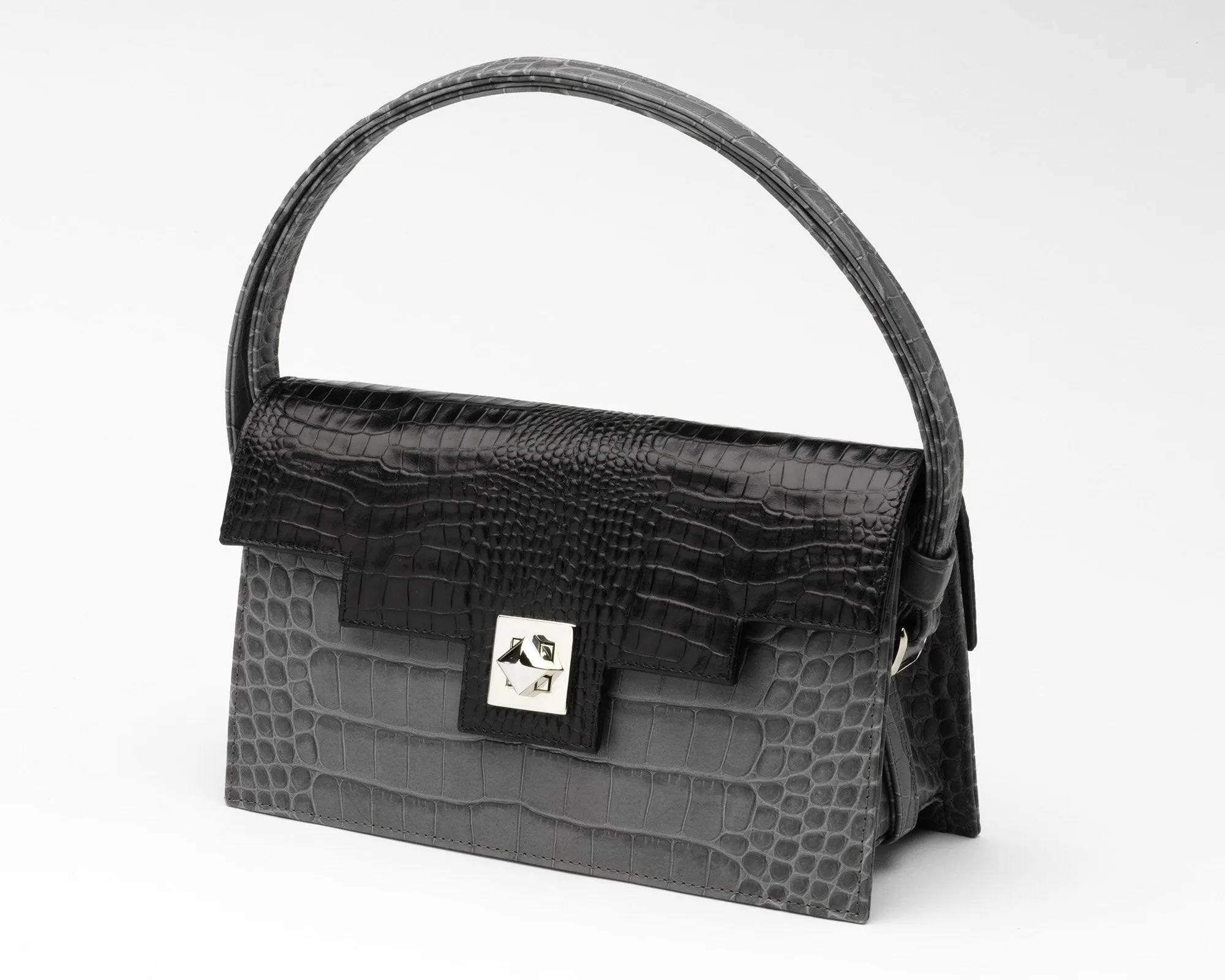 Quoin Handbag - Medium - Grey Croc with additional Flap