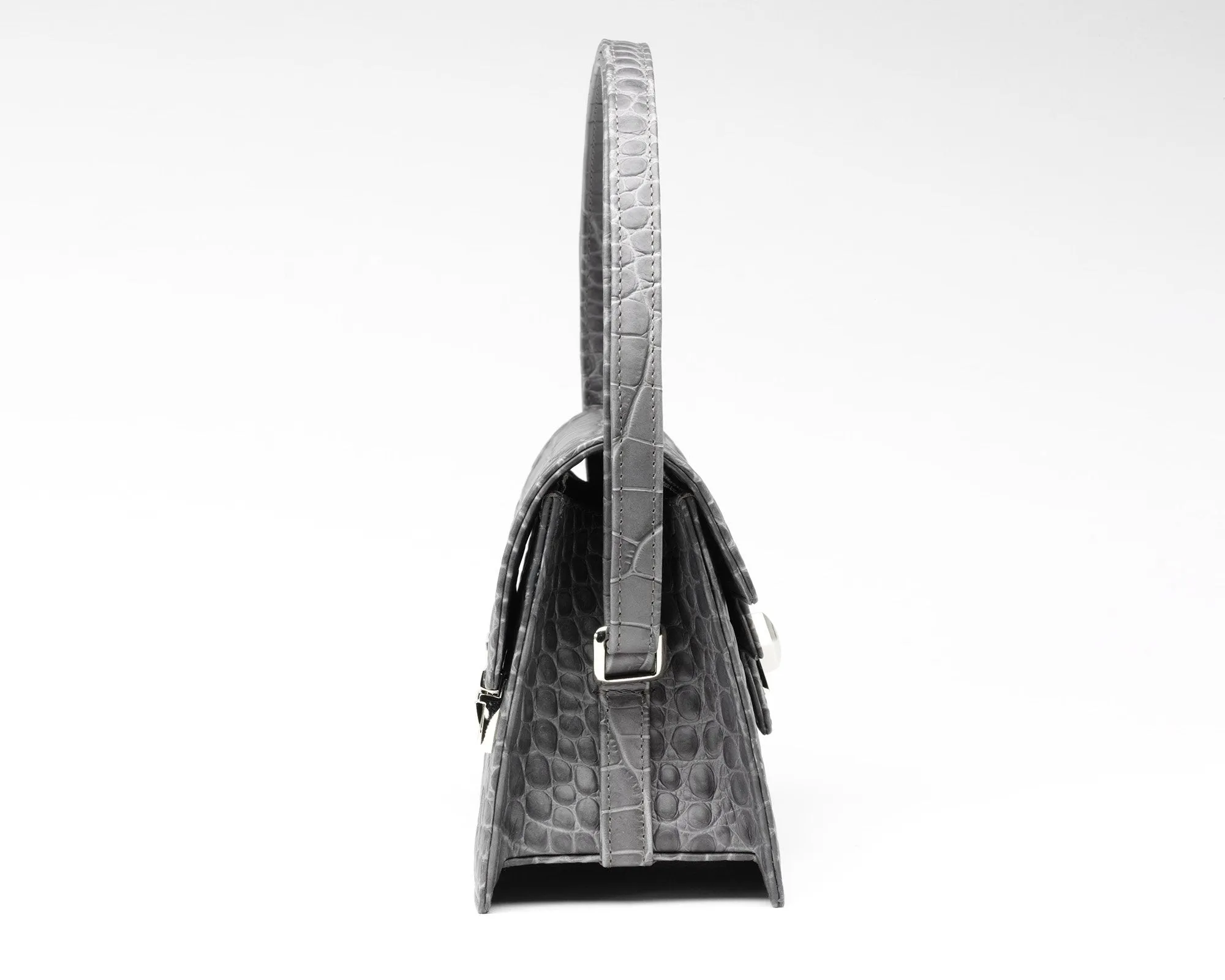 Quoin Handbag - Medium - Grey Croc with additional Flap