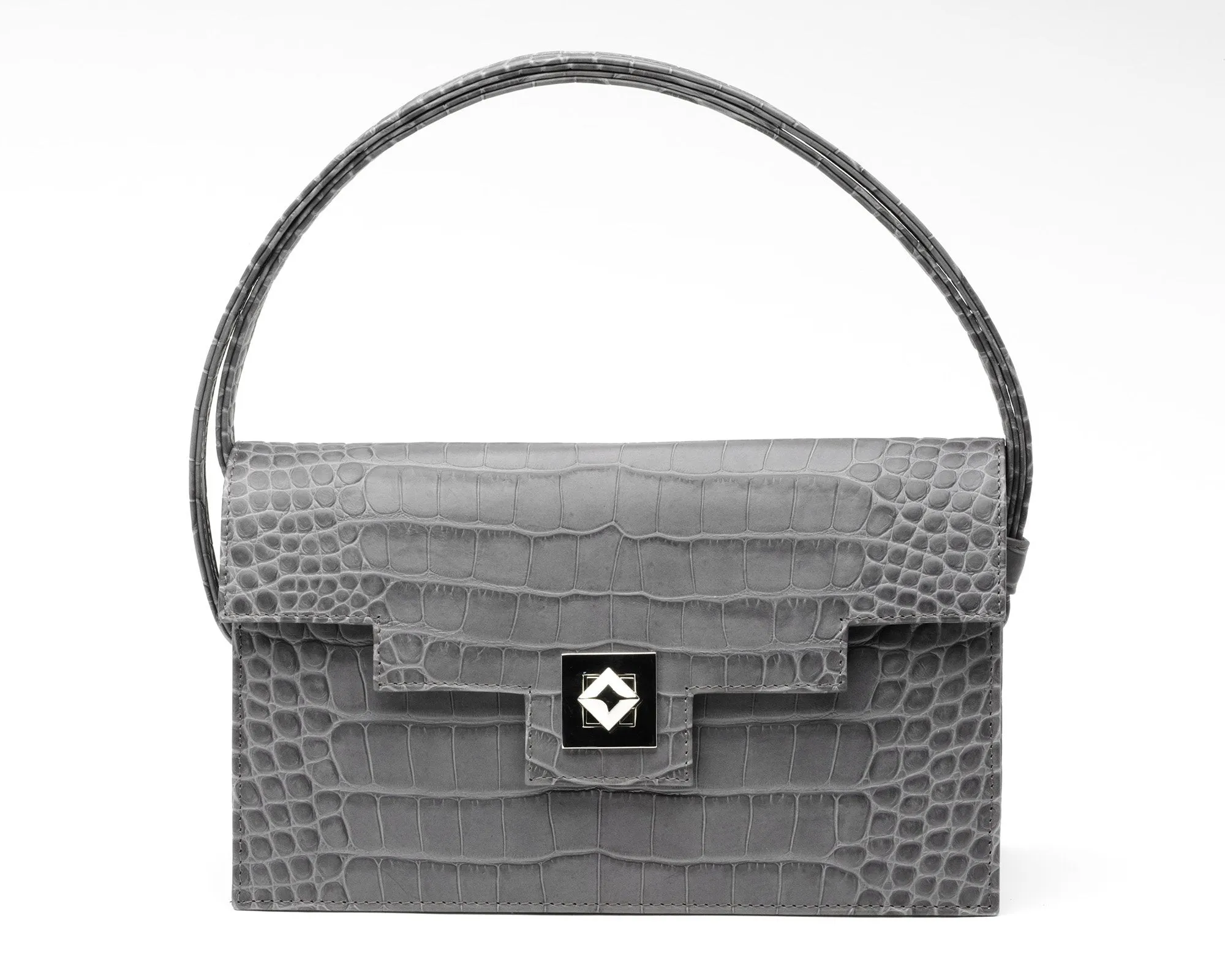 Quoin Handbag - Medium - Grey Croc with additional Flap