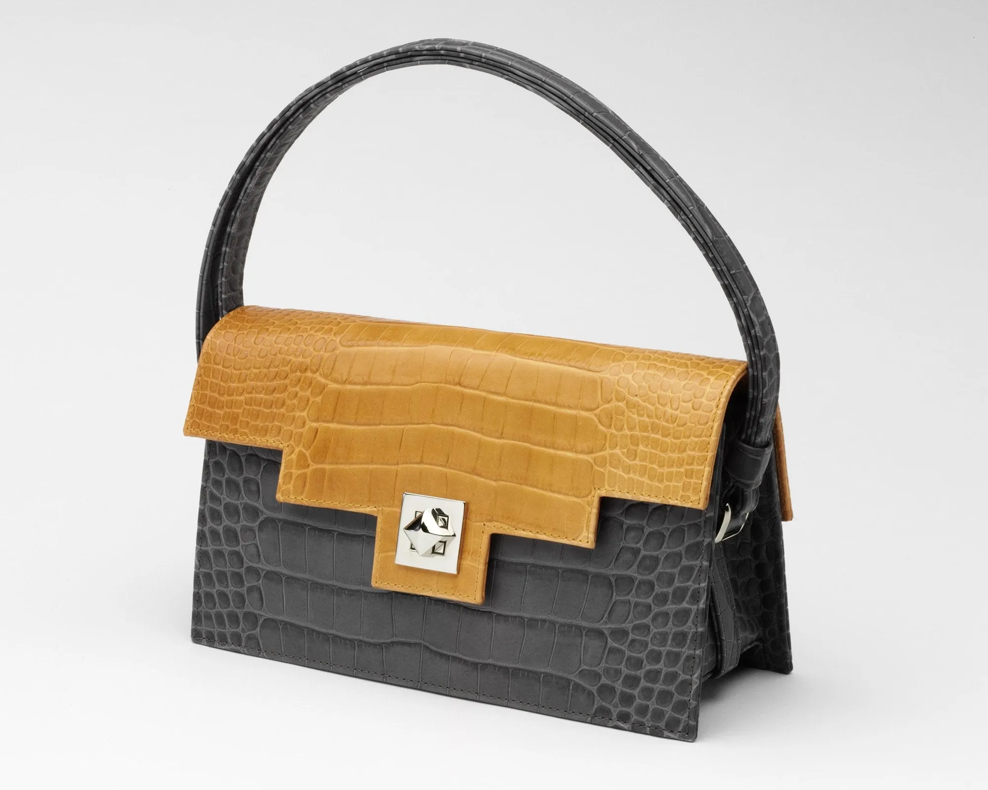Quoin Handbag - Medium - Grey Croc with additional Flap