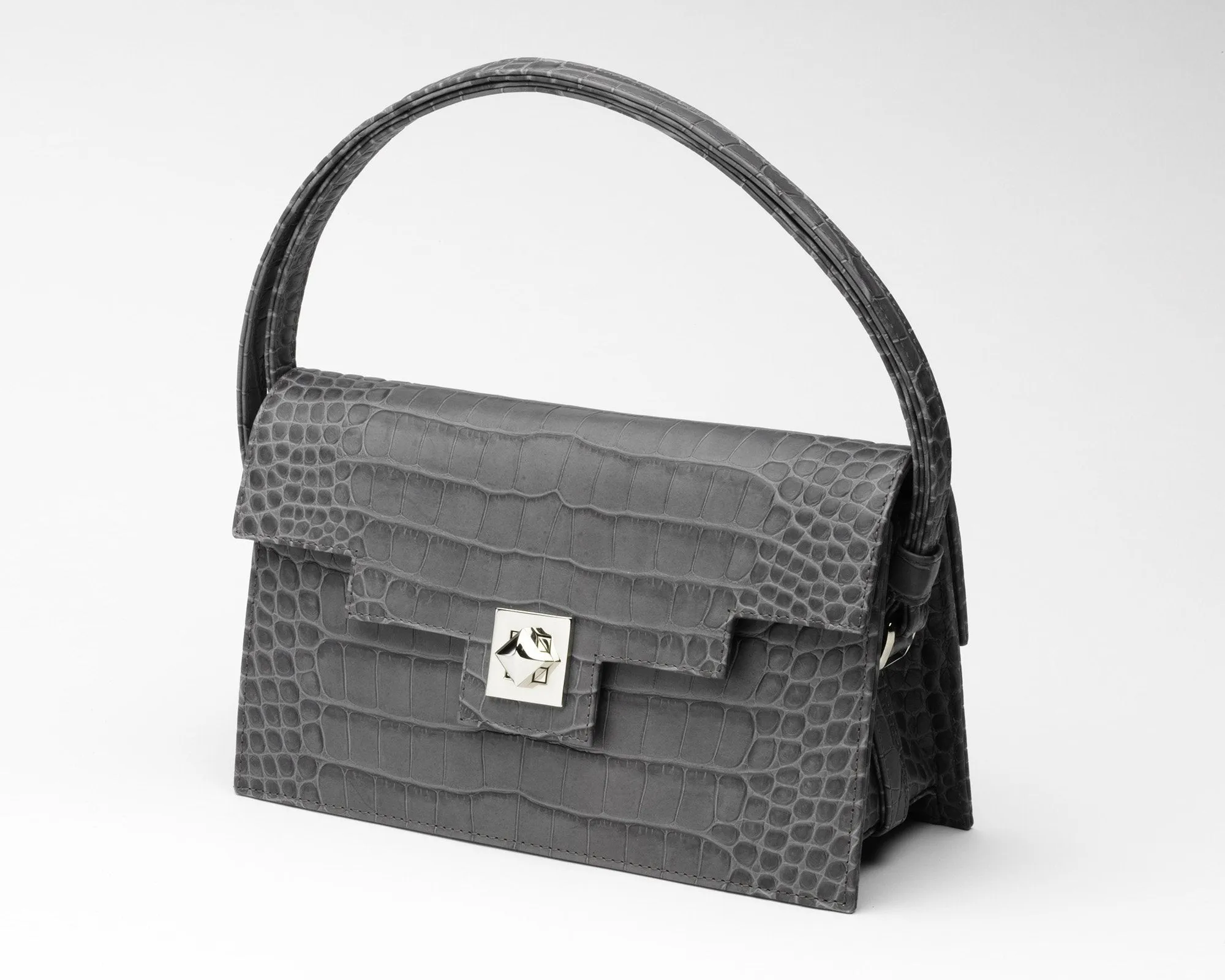Quoin Handbag - Medium - Grey Croc with additional Flap