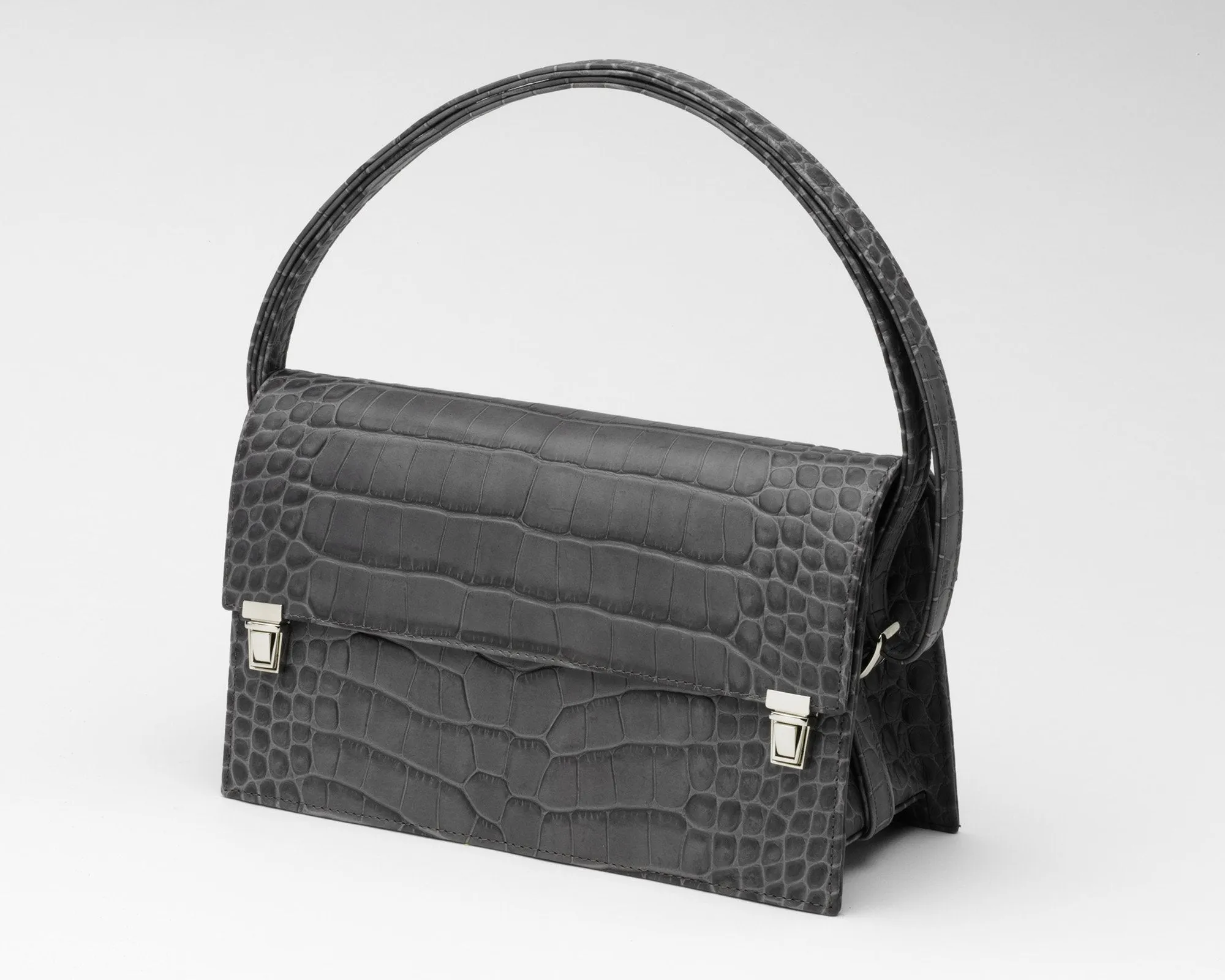 Quoin Handbag - Medium - Grey Croc with additional Flap