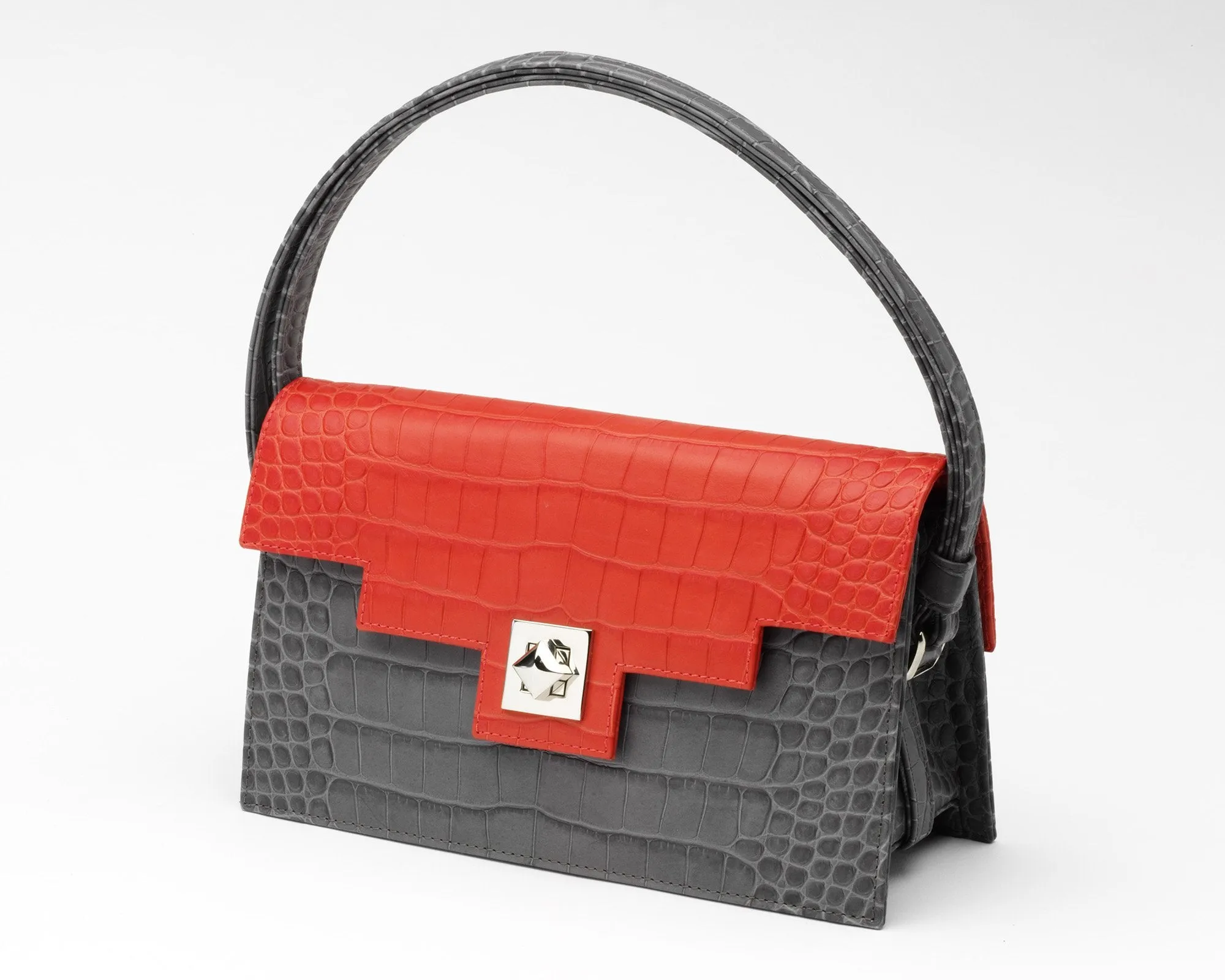 Quoin Handbag - Medium - Grey Croc with additional Flap