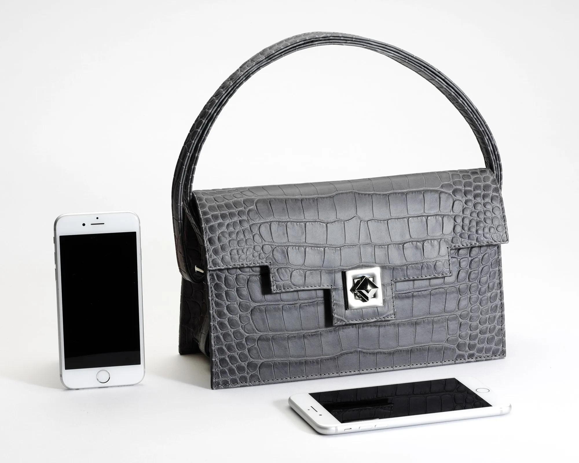 Quoin Handbag - Medium - Grey Croc with additional Flap