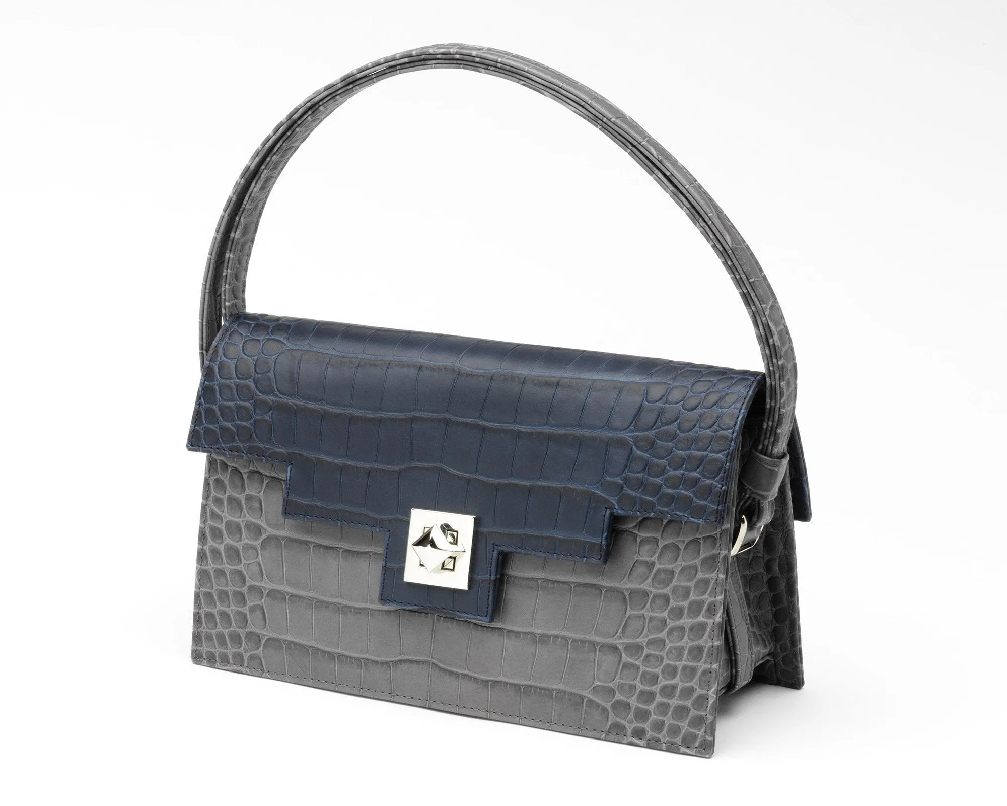 Quoin Handbag - Medium - Grey Croc with additional Flap