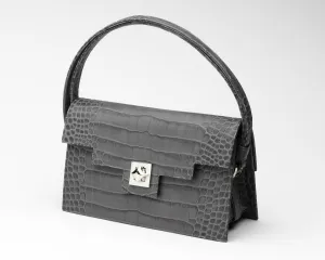 Quoin Handbag - Medium - Grey Croc with additional Flap