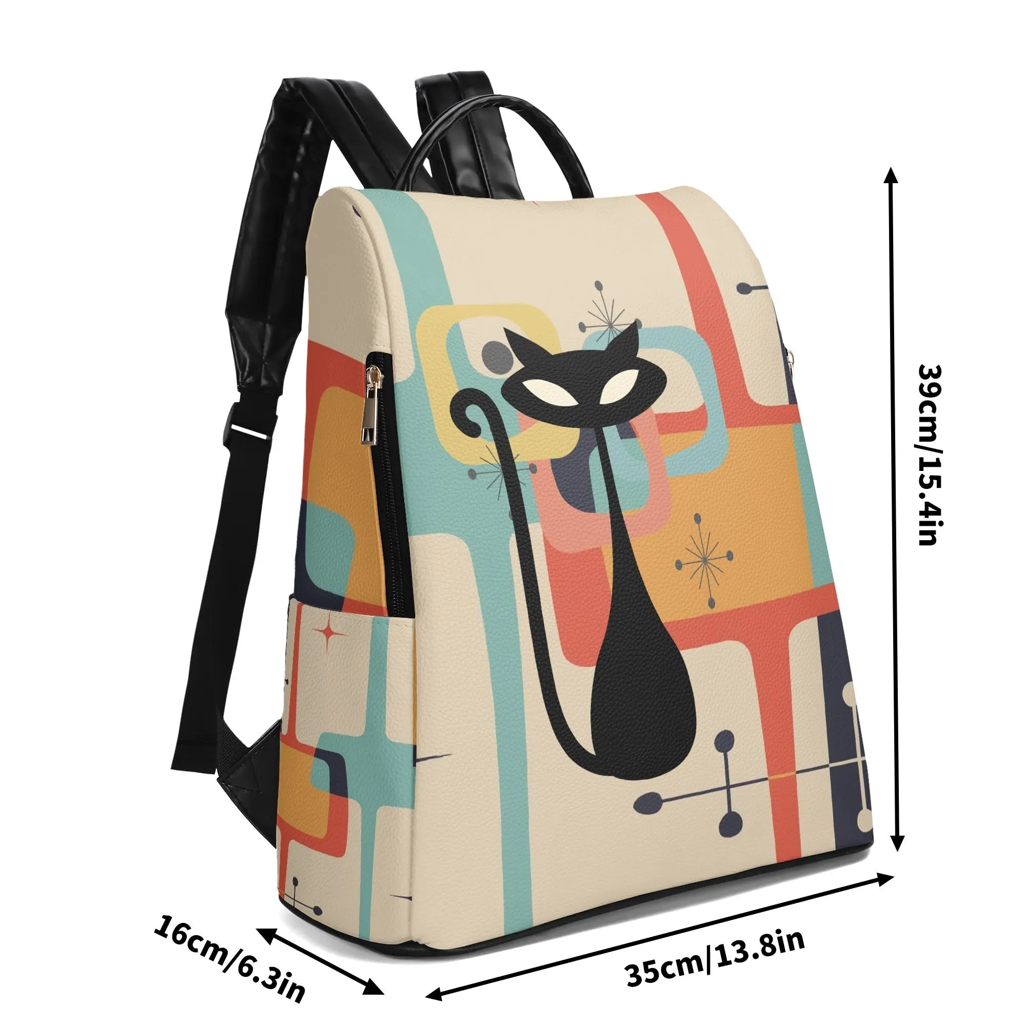 Retro Mid Century Modern Backpack, Atomic Cat Geometric Daypack, MCM Travel Bag