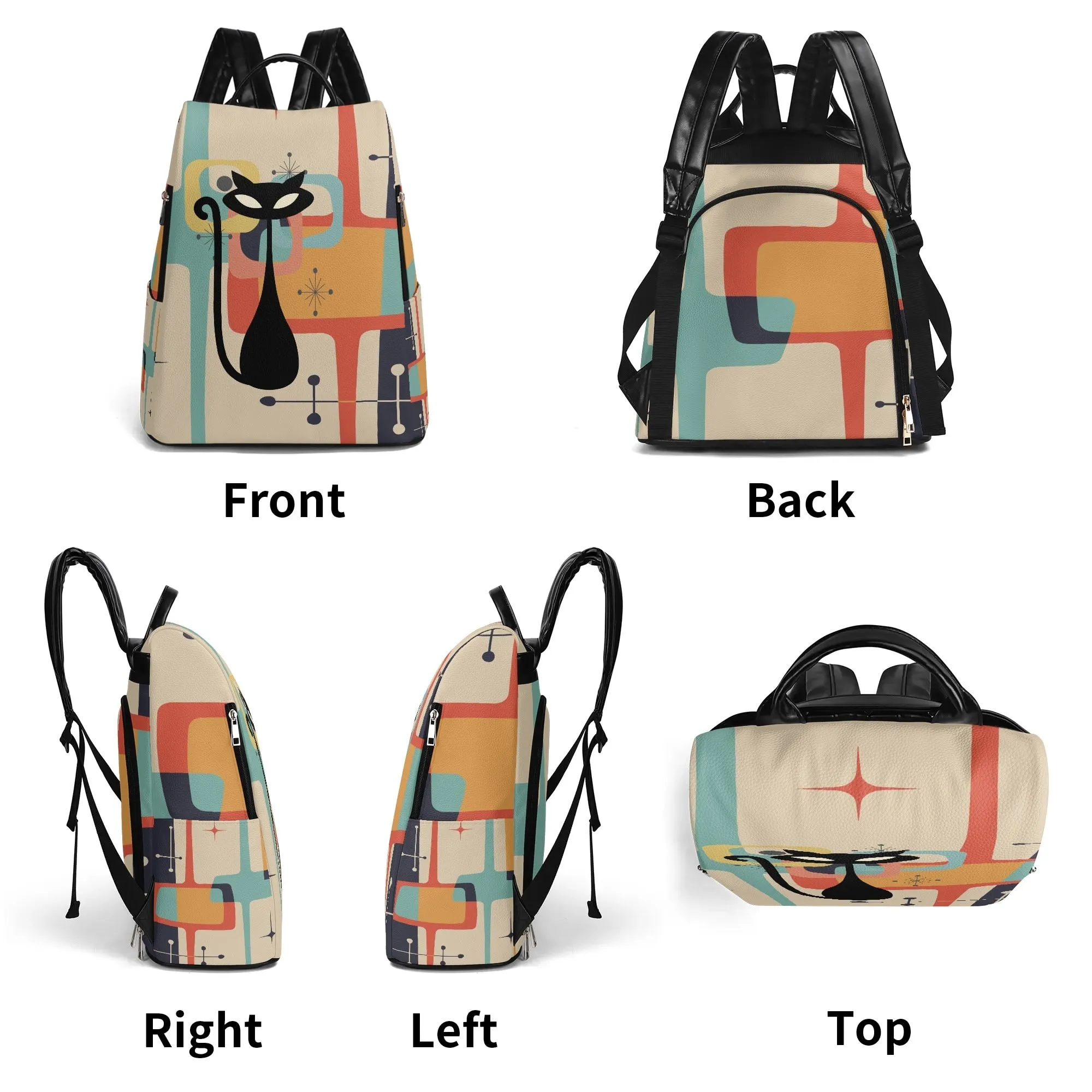 Retro Mid Century Modern Backpack, Atomic Cat Geometric Daypack, MCM Travel Bag