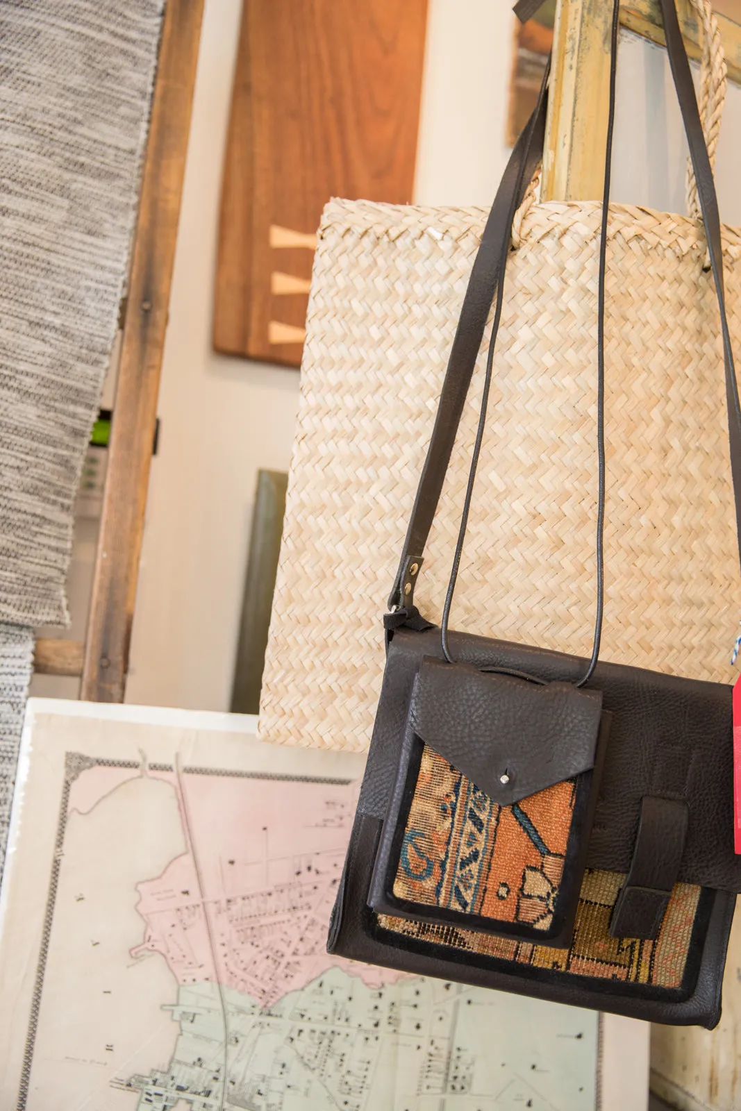 Rug Fragment and Leather Shoulder Bag