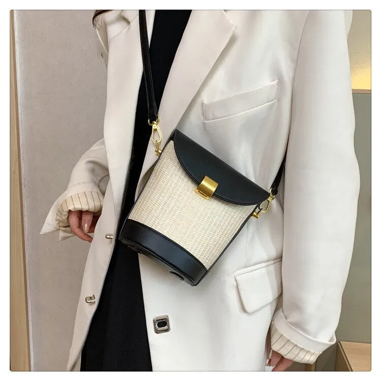 Straw And Leather Bucket Crossbody Bag-Showtown
