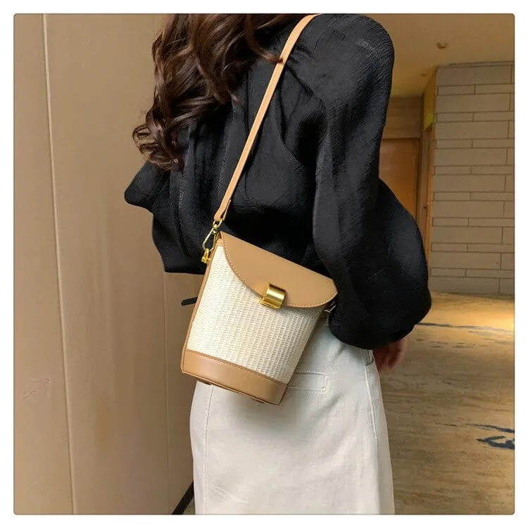 Straw And Leather Bucket Crossbody Bag-Showtown